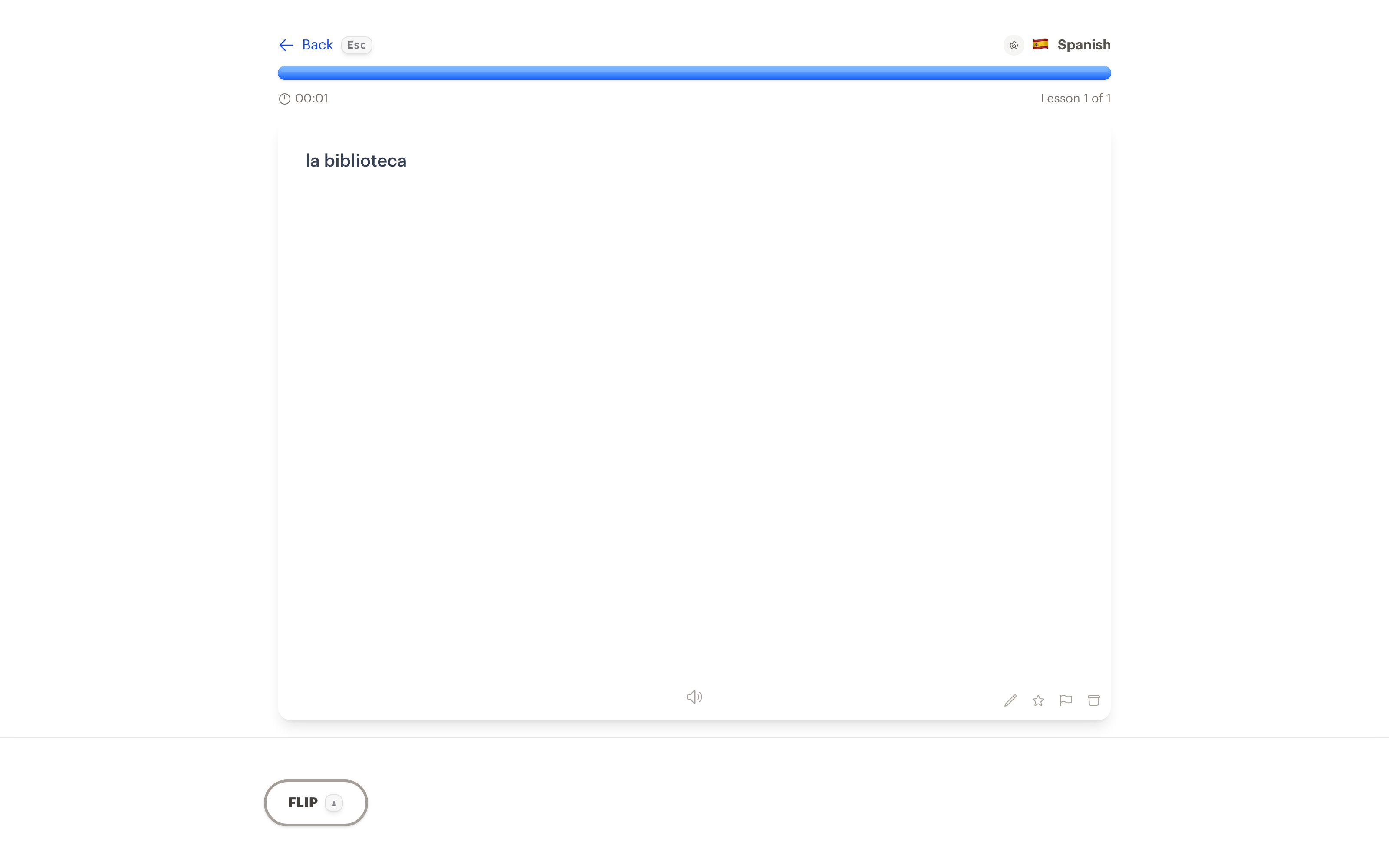 A Spanish vocabulary flashcard in the Interact lesson player