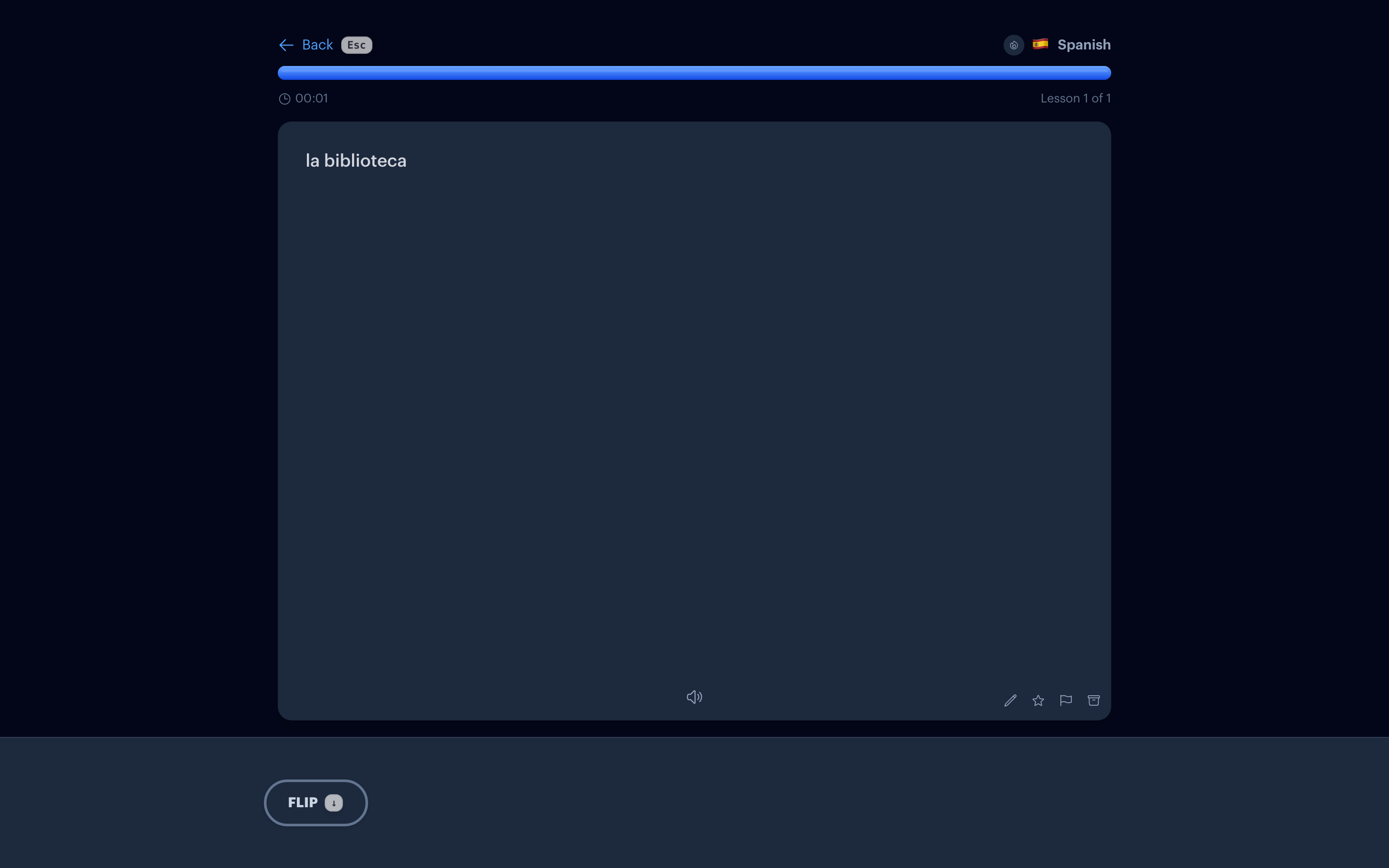 A Spanish vocabulary flashcard in the Interact lesson player