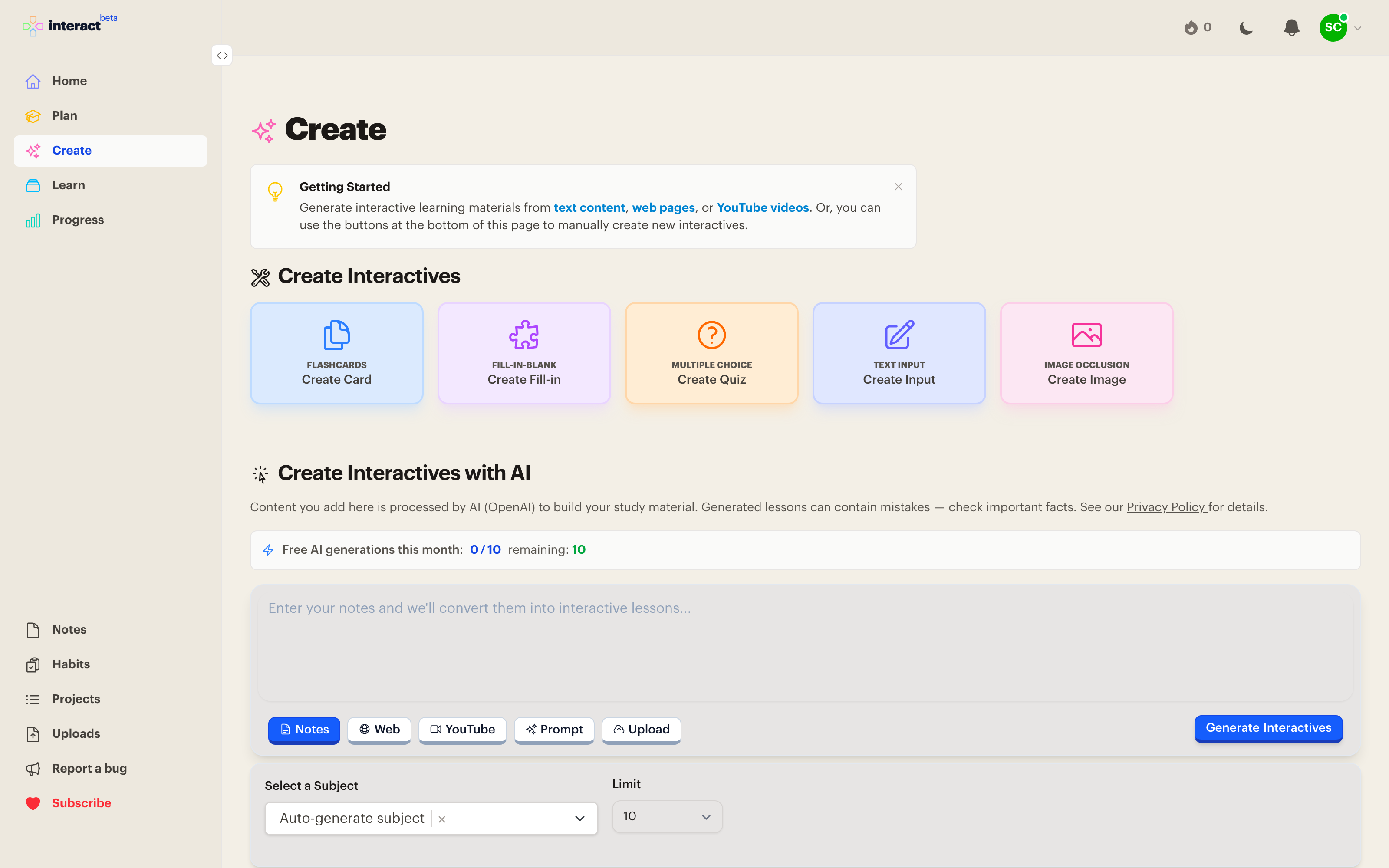 The Create page in Interact accepting notes, links, videos, and uploads