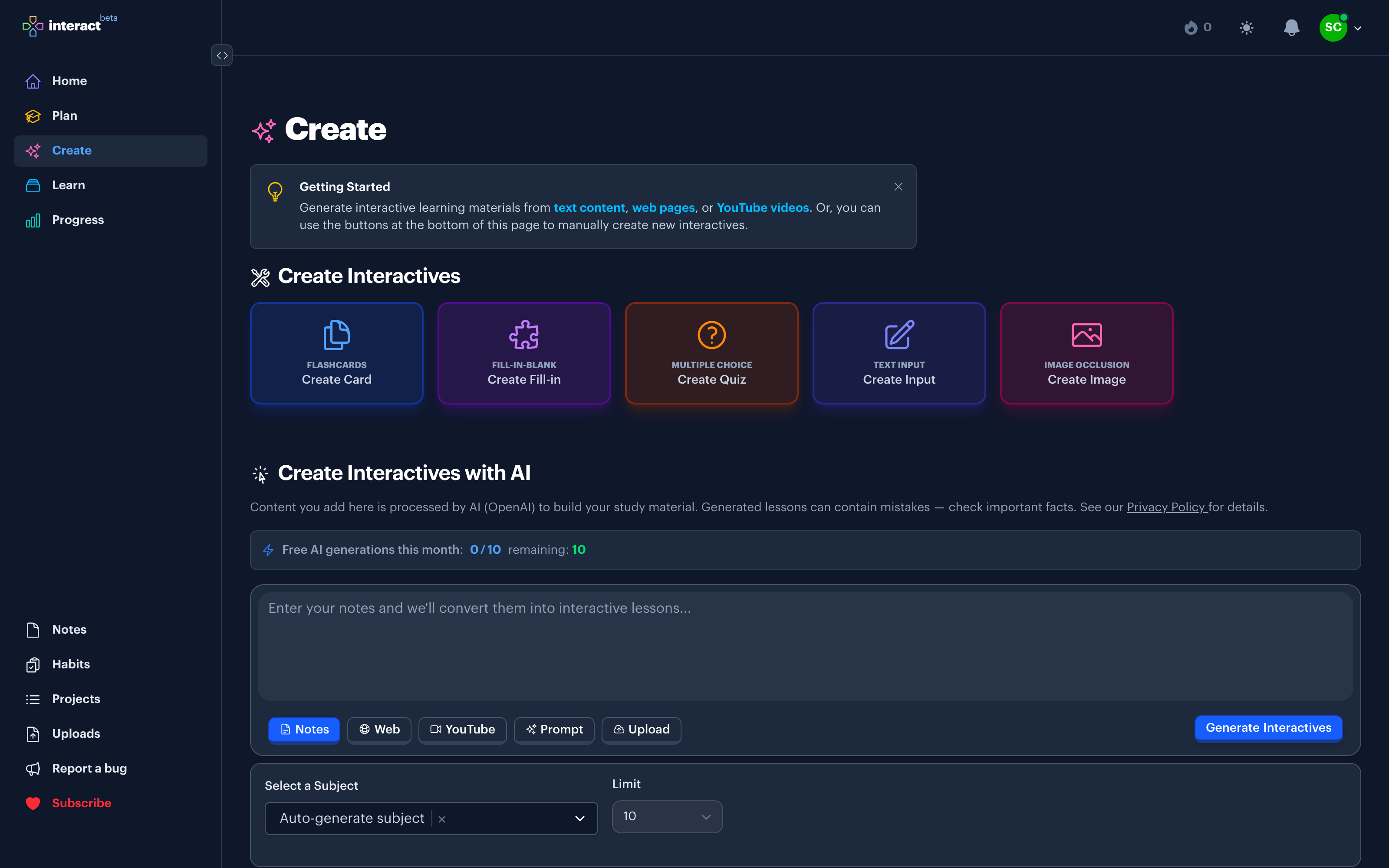 The Create page in Interact accepting notes, links, videos, and uploads