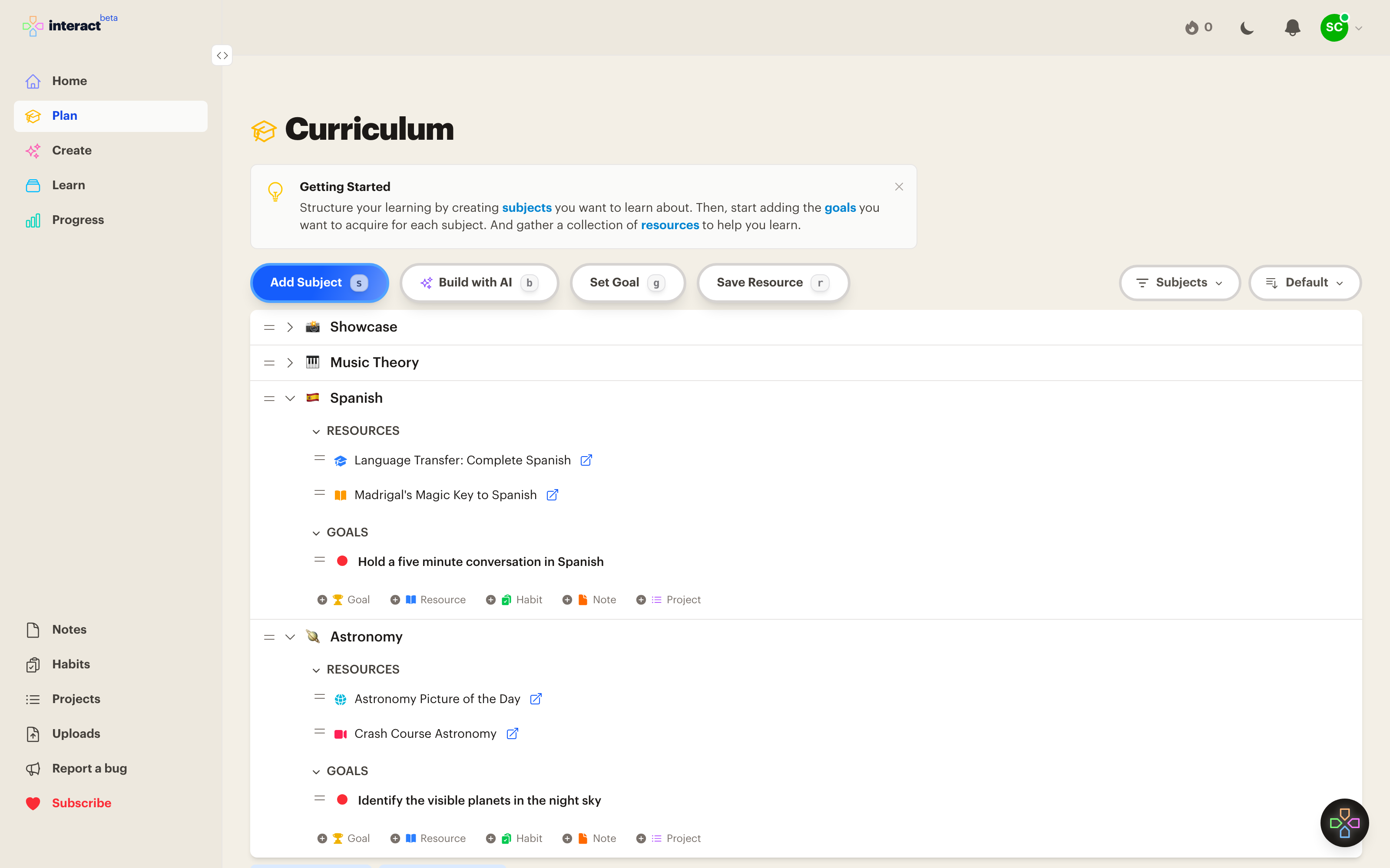 A curriculum in Interact with nested subjects and progress