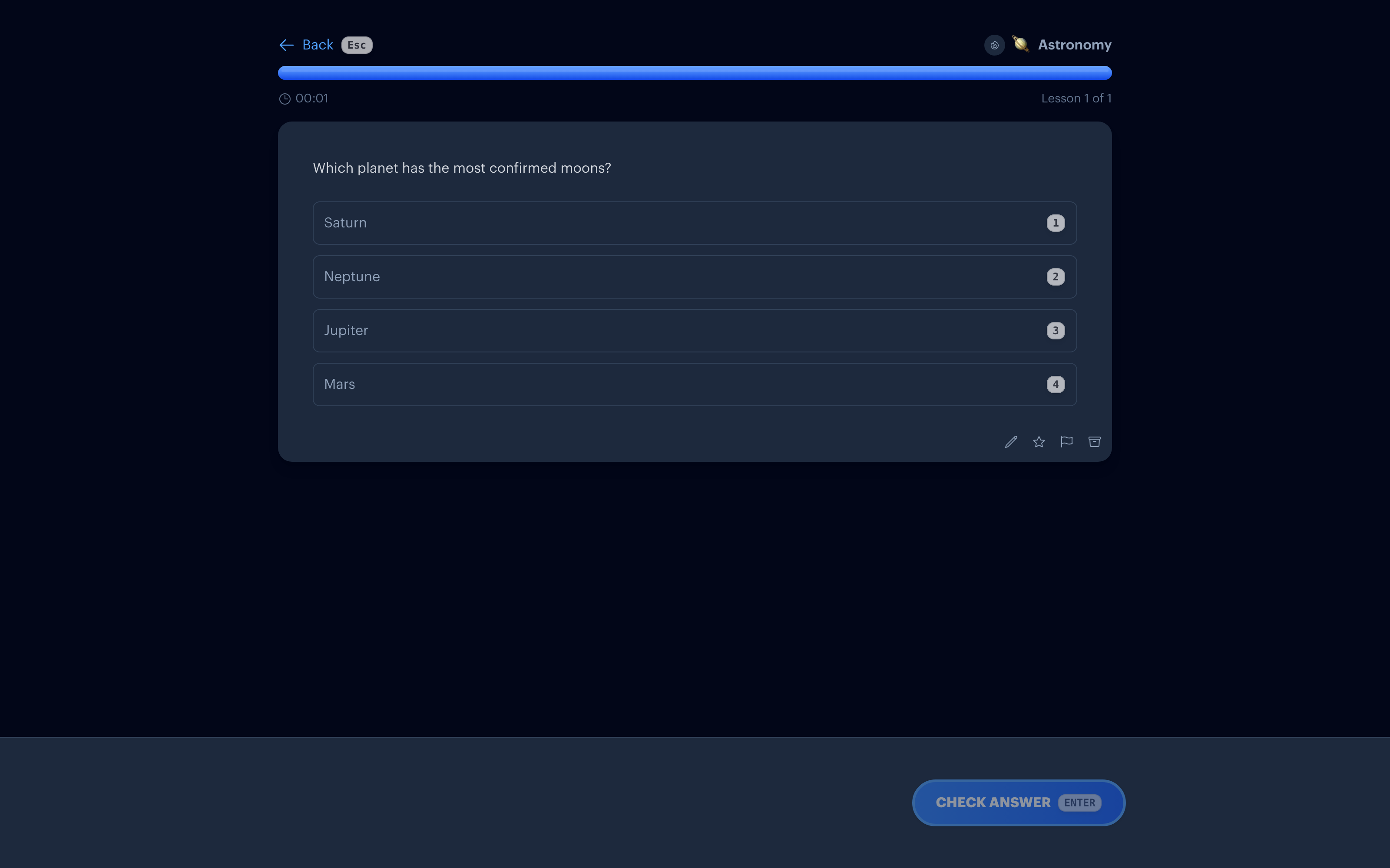 An astronomy multiple choice quiz question