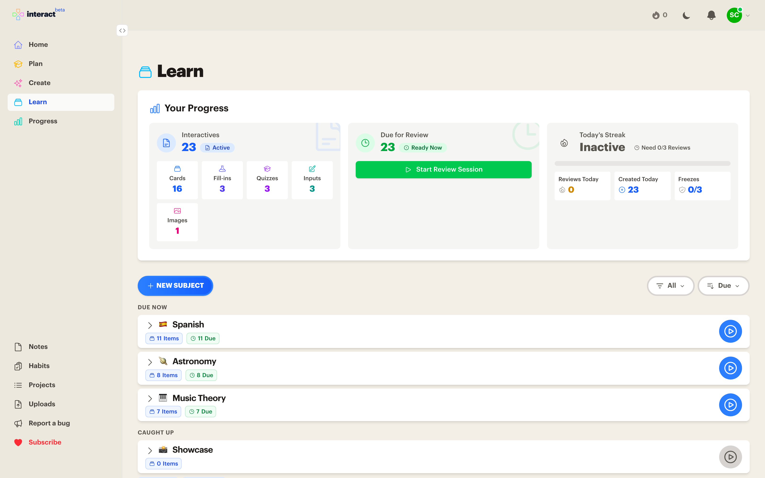 The Learn page with due reviews queued across subjects