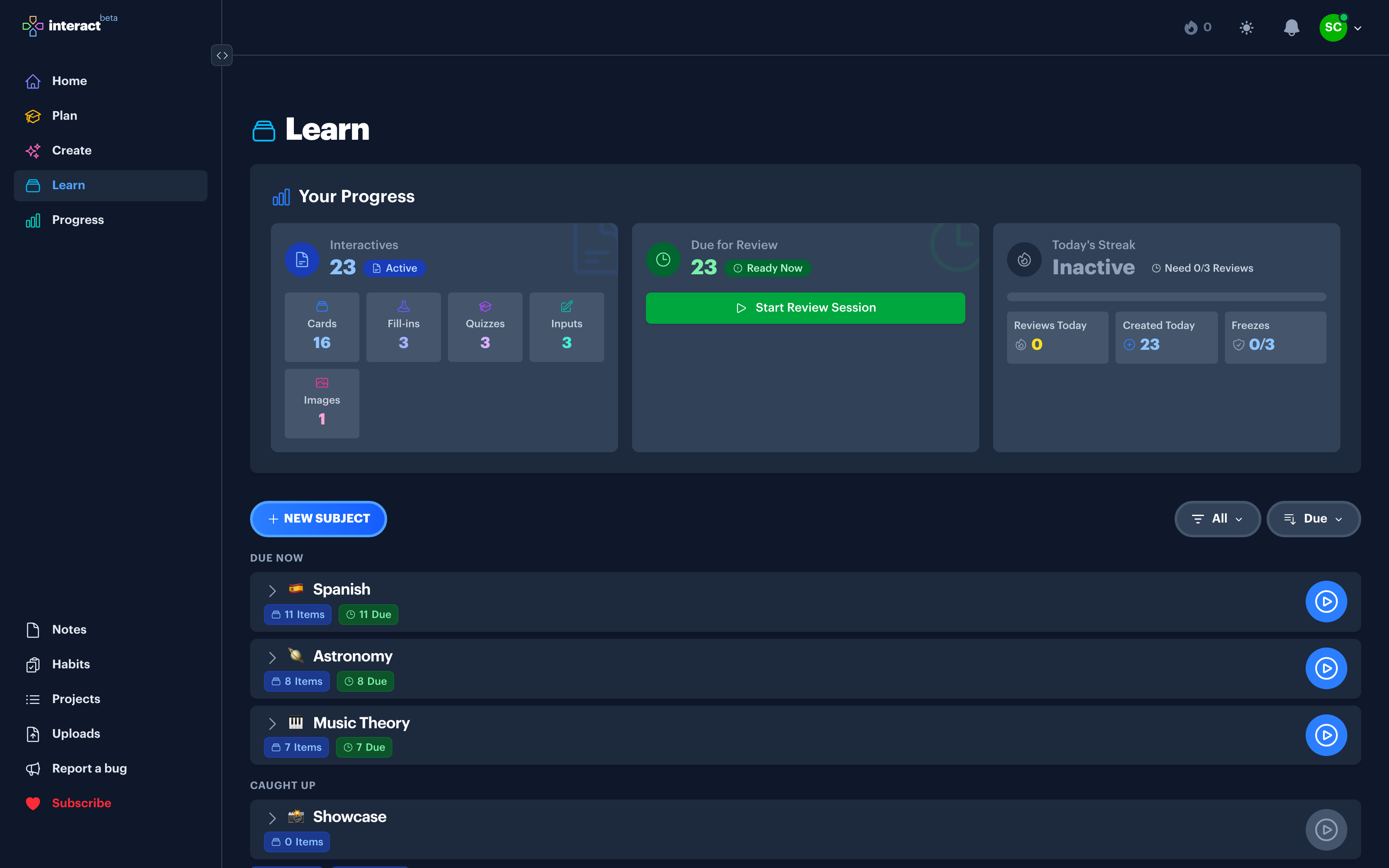 The Learn page with due reviews queued across subjects