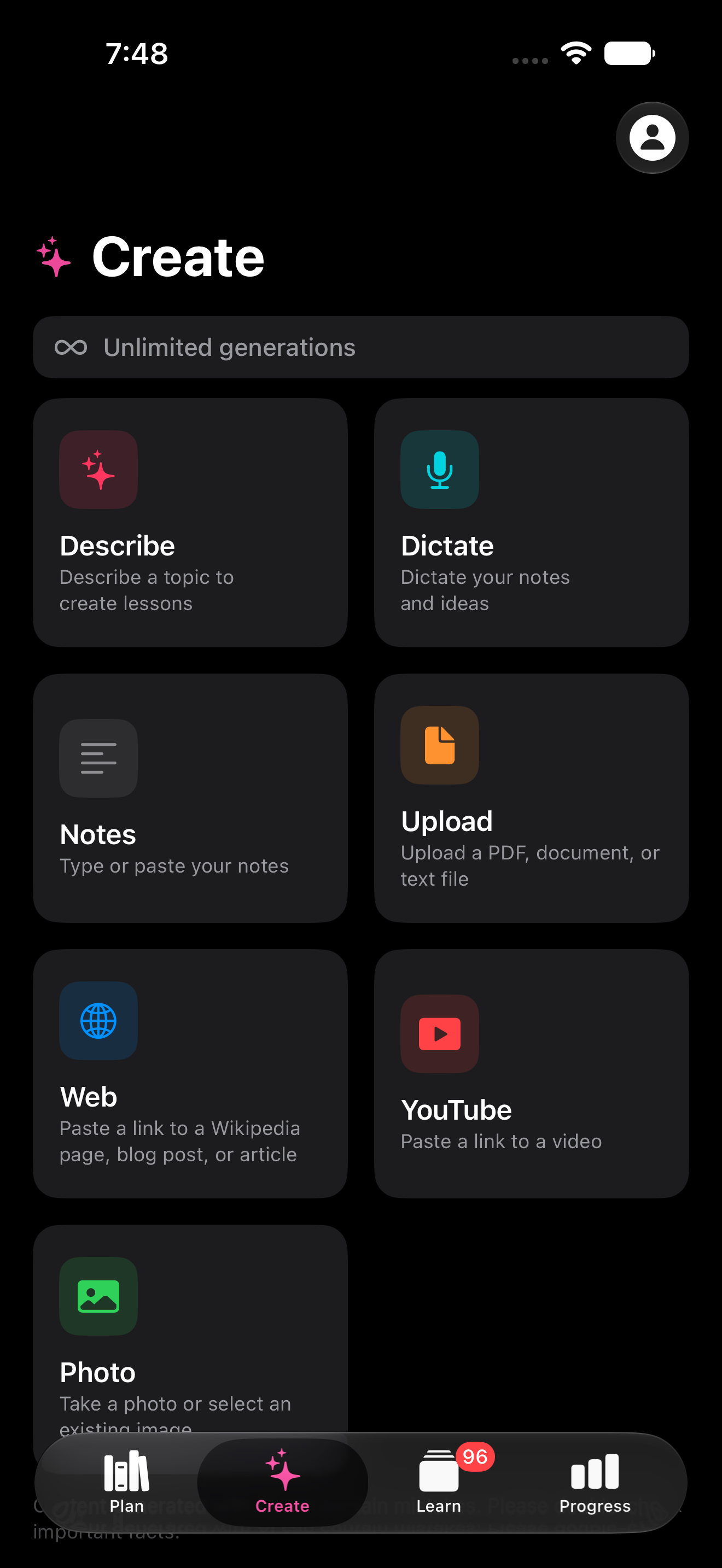 The Create screen in the Interact iPhone app, with options to describe, dictate, paste notes, upload a file, or add a web or YouTube link