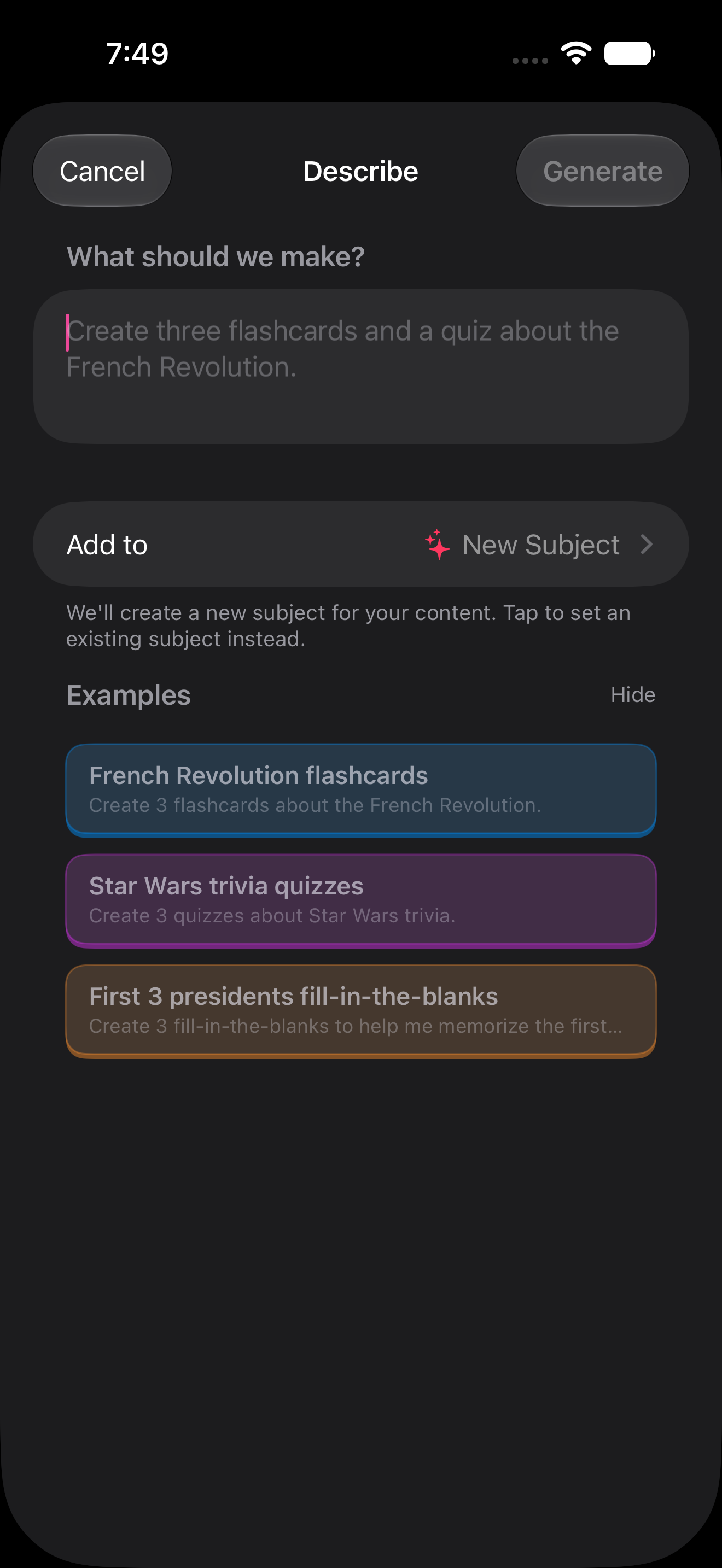 Describing a lesson to generate in the Interact iPhone app, with example prompts for flashcards, quizzes, and fill-in-the-blanks