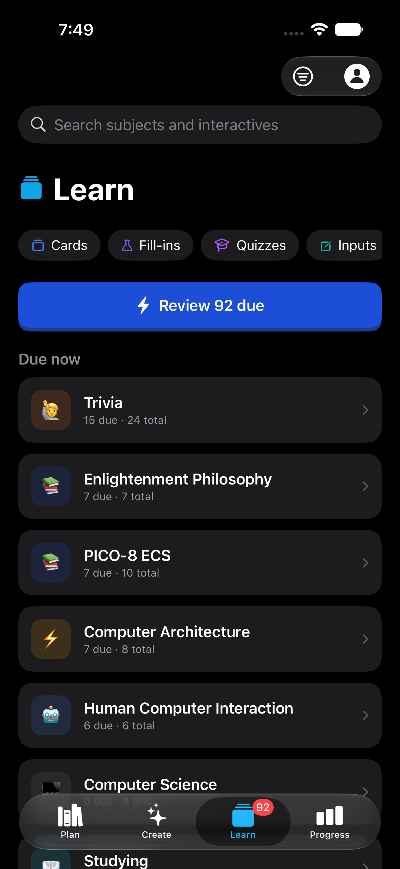 The Learn screen in the Interact iPhone app, showing 92 interactives due for review across subjects like Trivia, Enlightenment Philosophy, and Computer Architecture