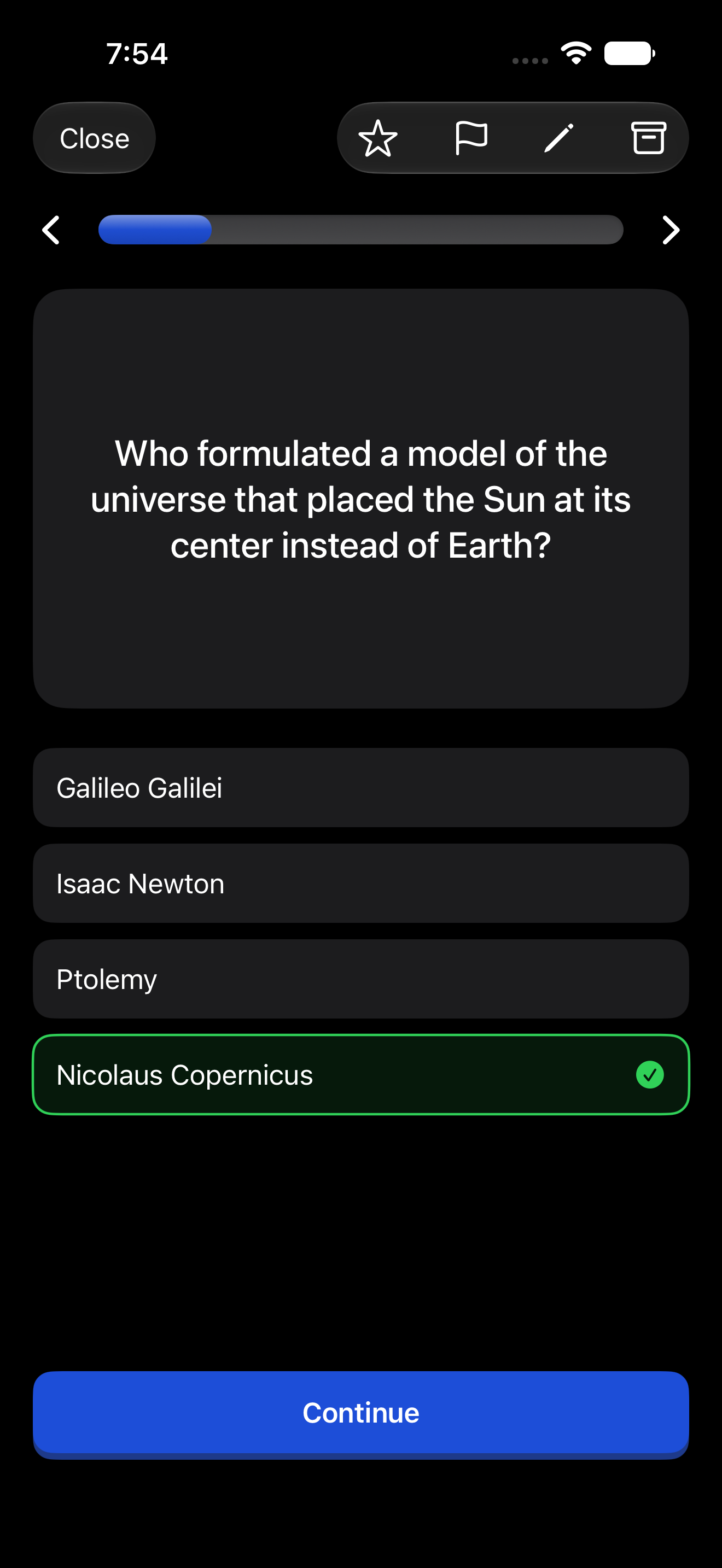 Playing a multiple choice quiz in the Interact iPhone app, with the correct answer revealed in green