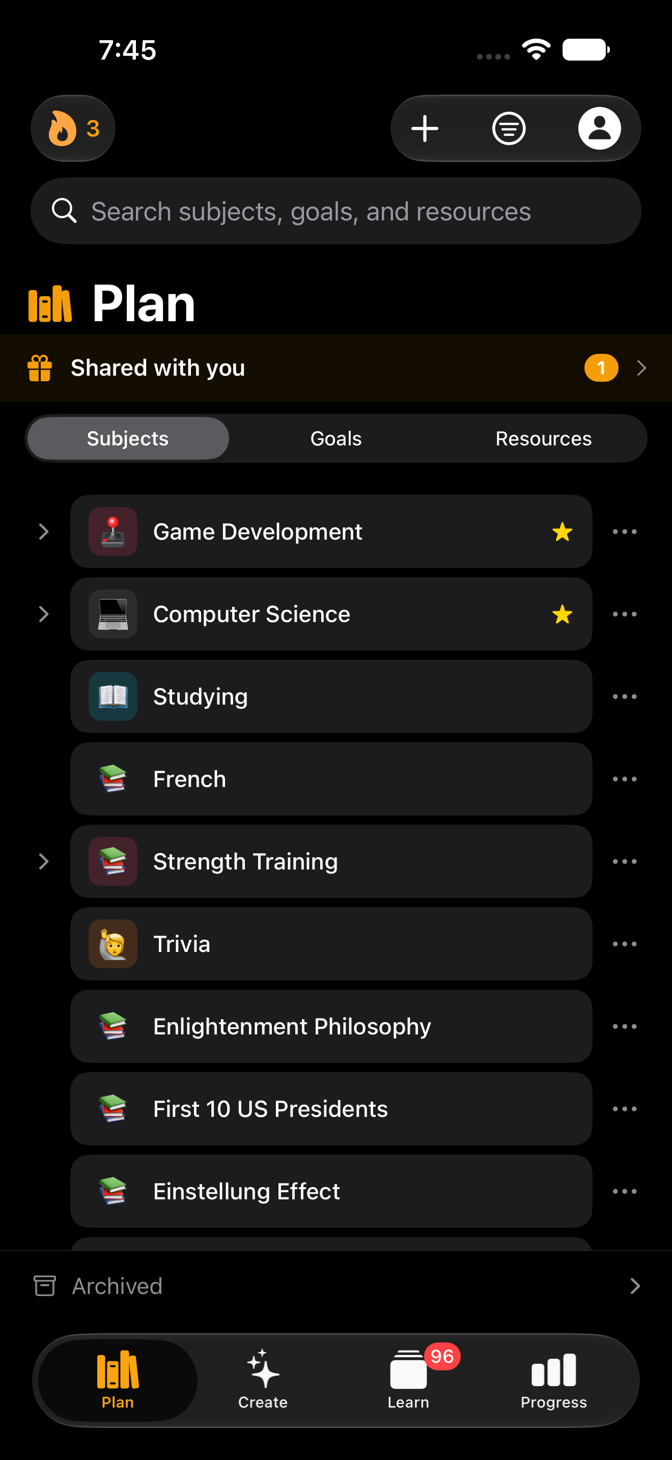 The Plan screen in the Interact iPhone app, listing subjects like Game Development, Computer Science, French, and Strength Training