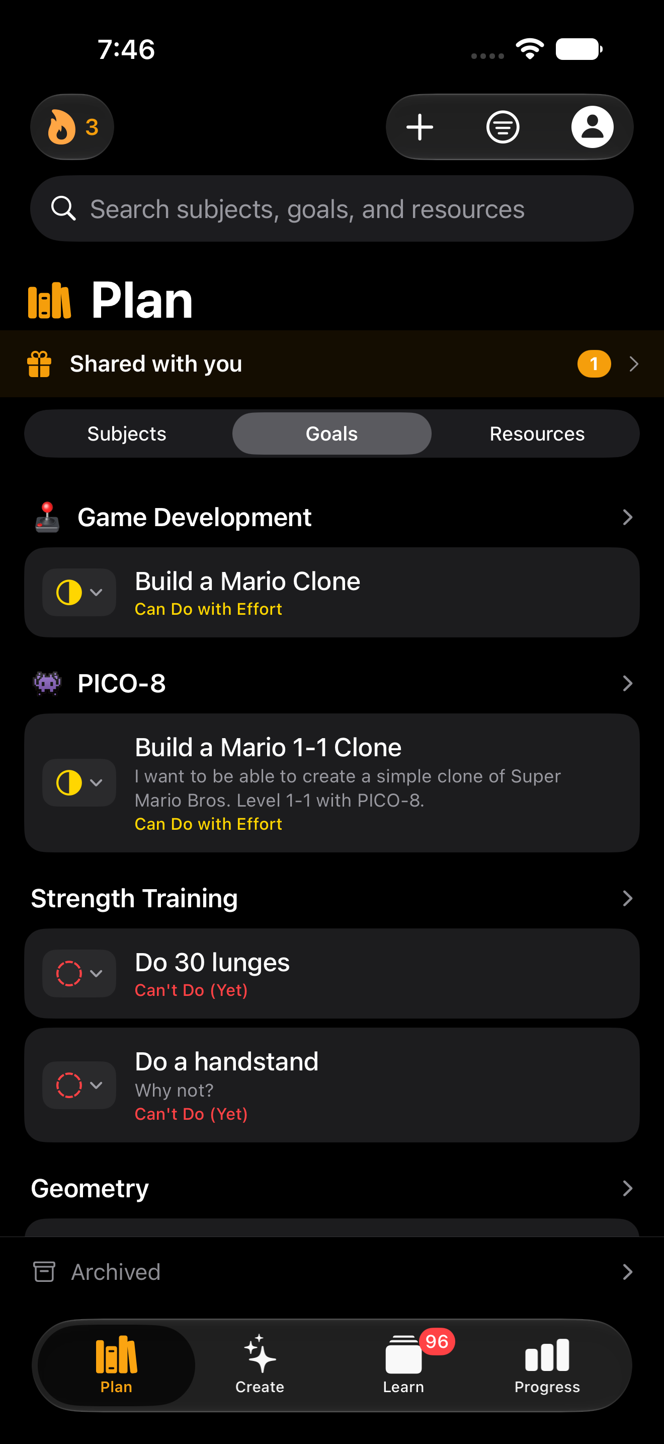The Goals tab in the Interact iPhone app, showing goals like Build a Mario Clone and Do a handstand with their current confidence levels