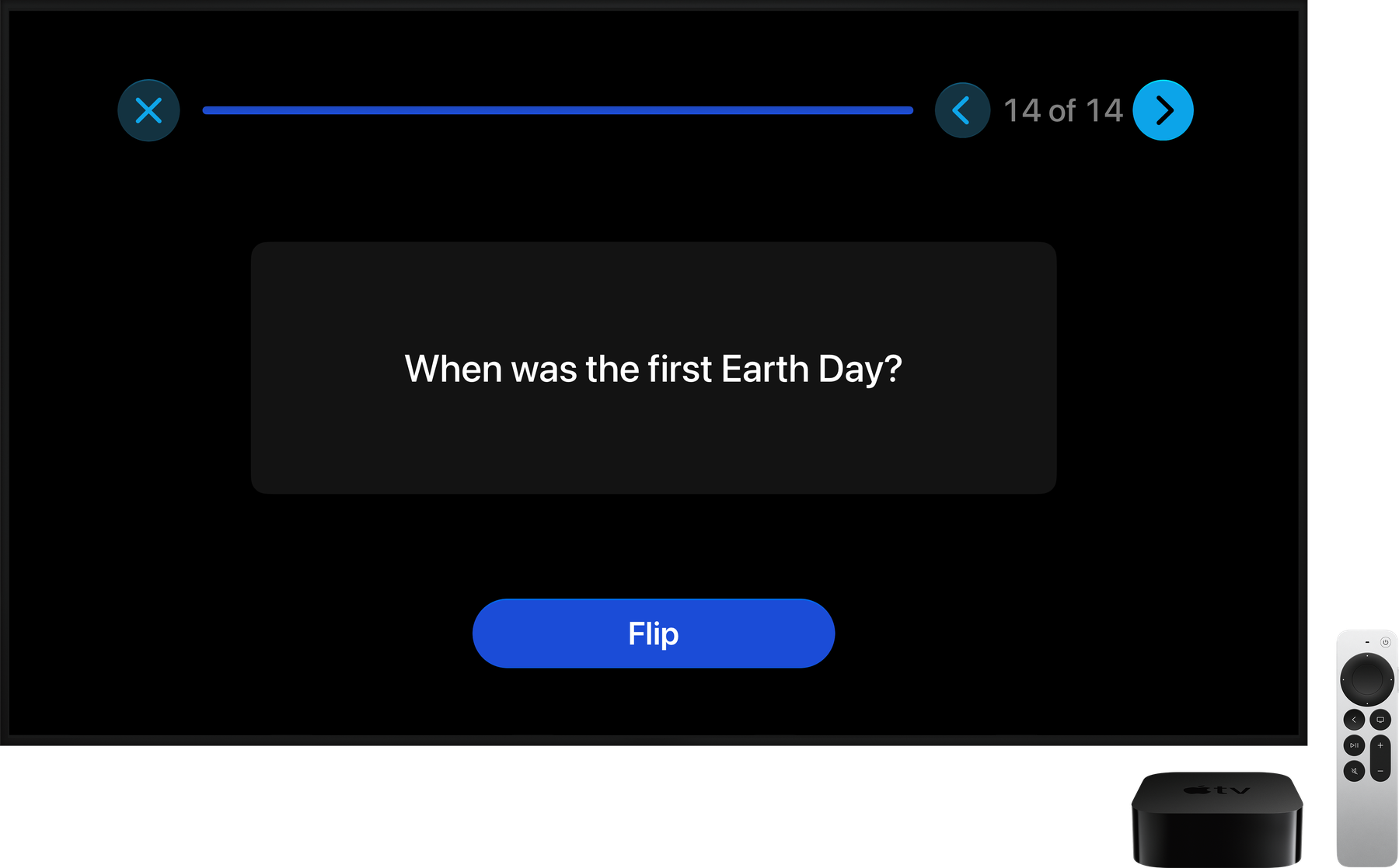 A flashcard in the Interact Apple TV app, with the Apple TV box and Siri Remote