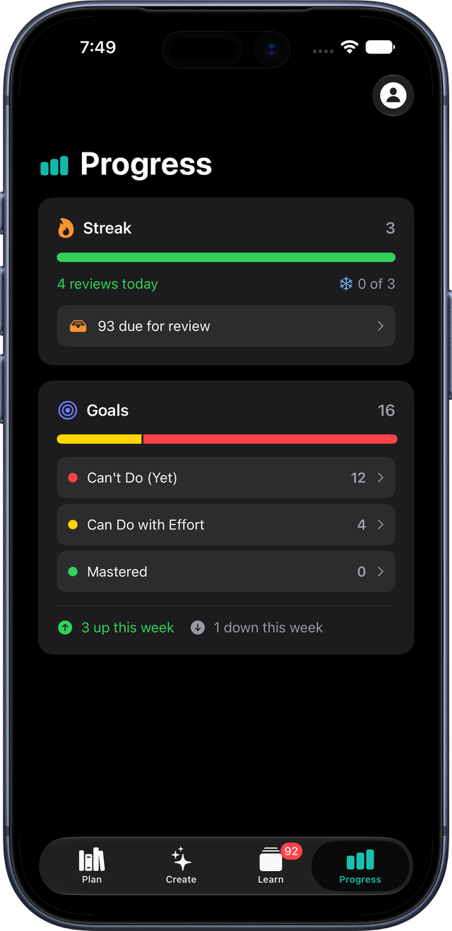 The Progress screen in the Interact iPhone app on an iPhone 17 Pro