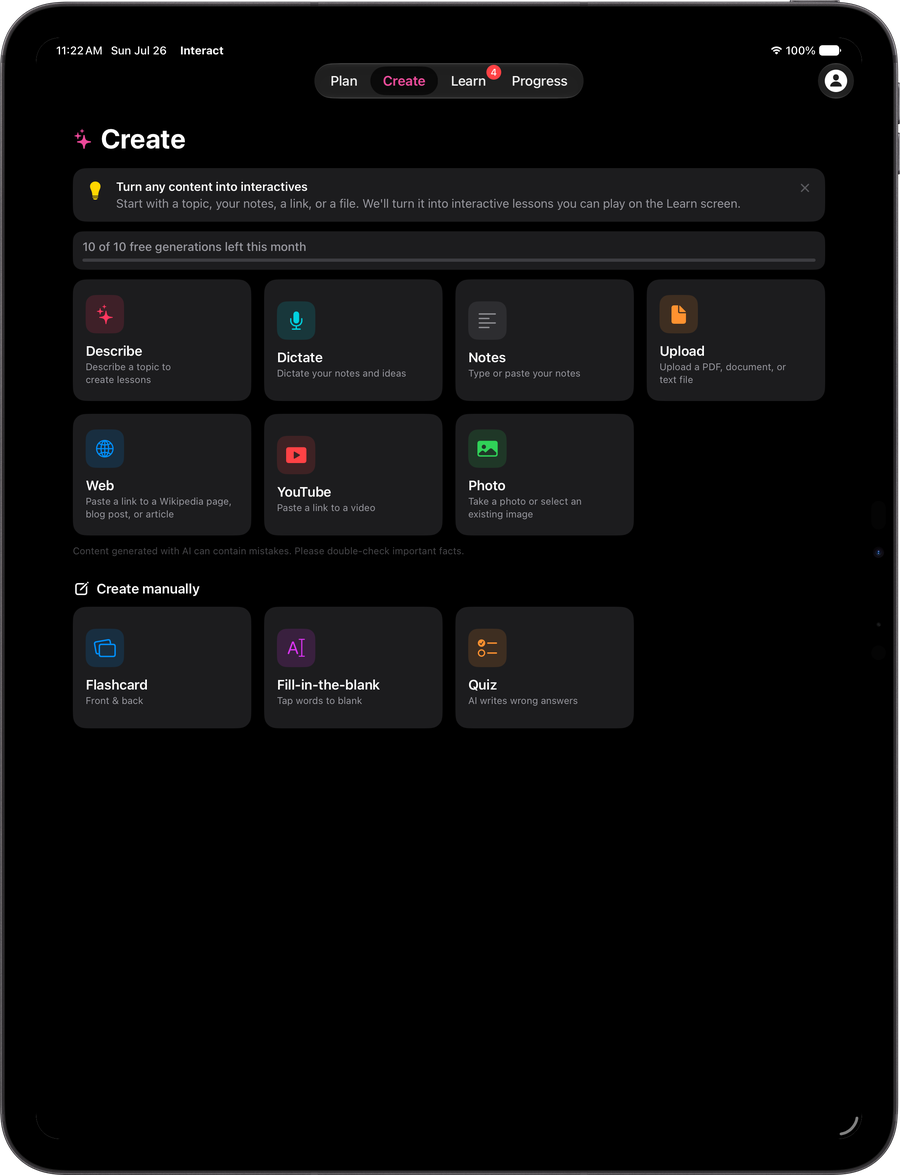 The Create screen in the Interact iPad app on an iPad Pro
