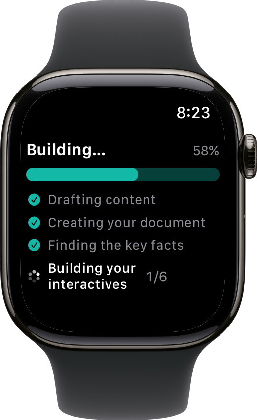 The Apple Watch app showing live generation progress with a checklist of steps