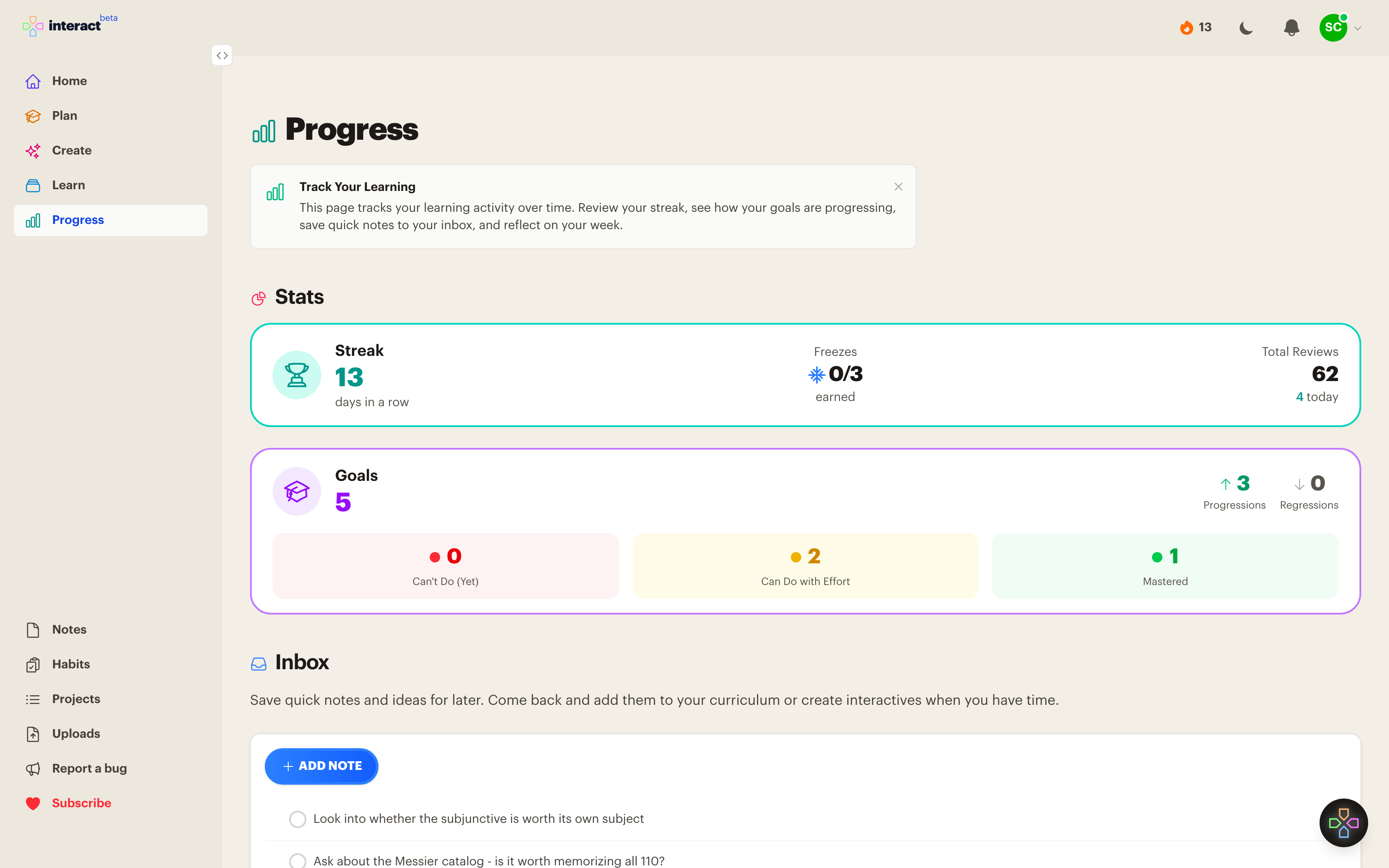 The Progress page showing a 13 day streak and goal progress