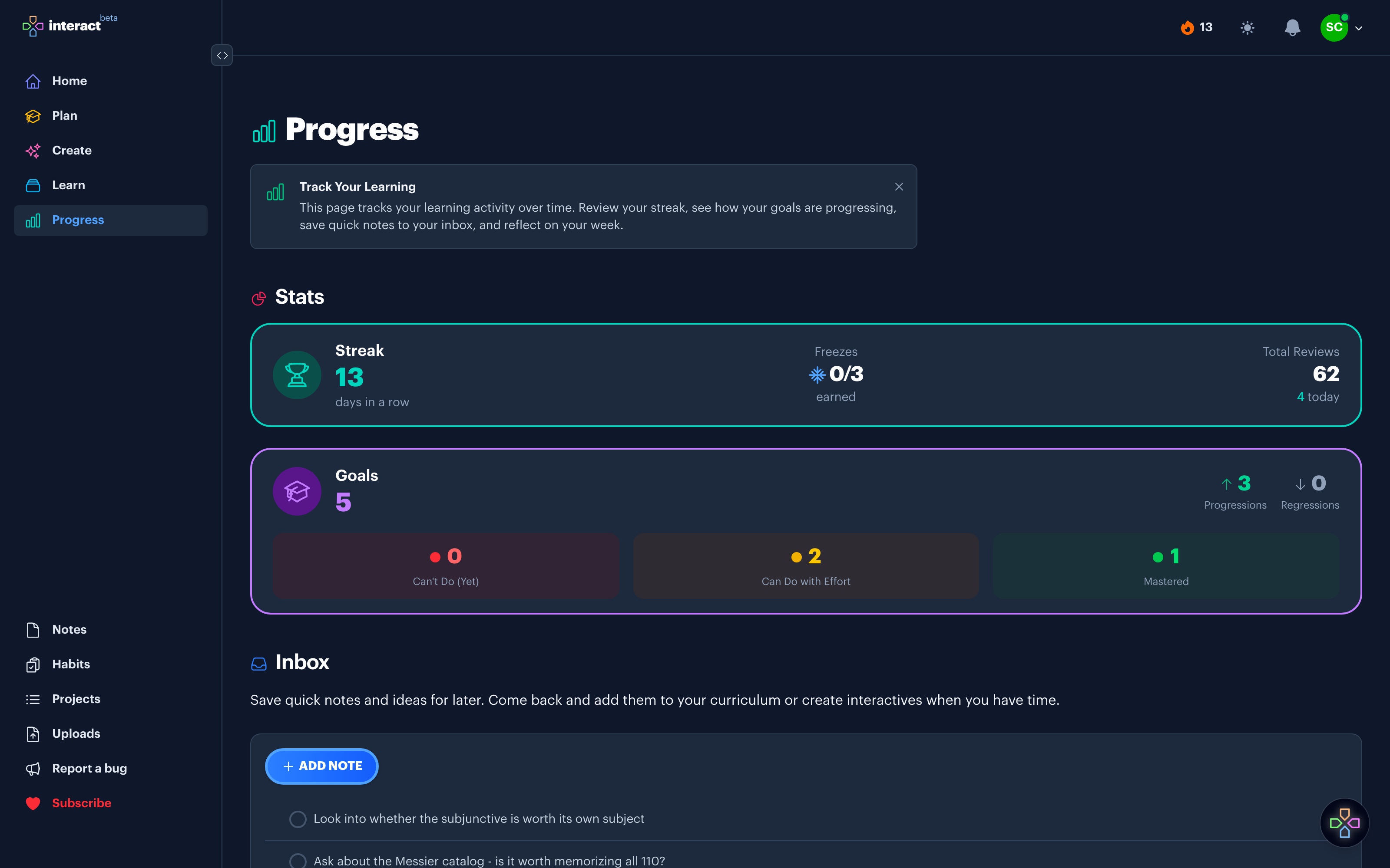 The Progress page showing a 13 day streak and goal progress