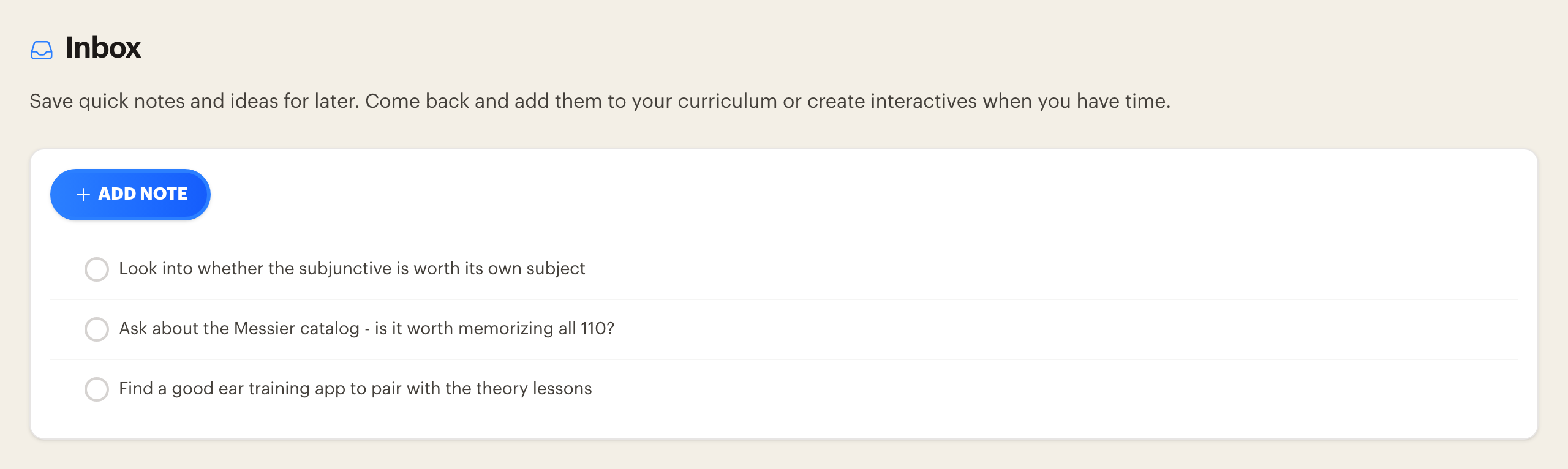 The Inbox section of the Progress page with three saved notes