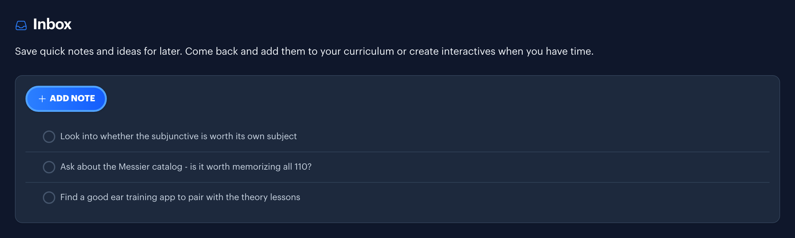 The Inbox section of the Progress page with three saved notes