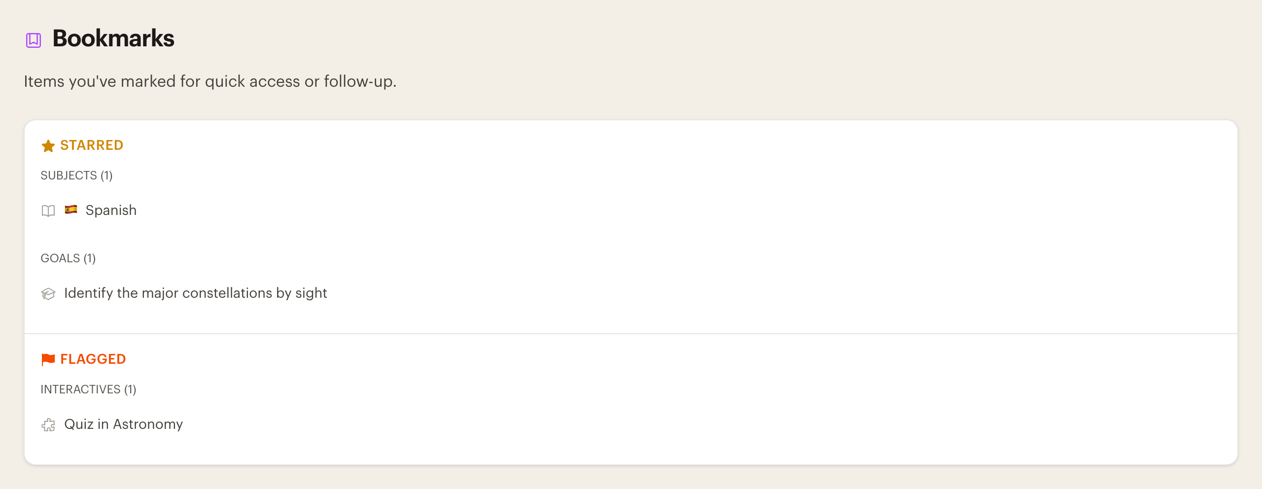 The Bookmarks section showing starred subjects and goals and a flagged interactive