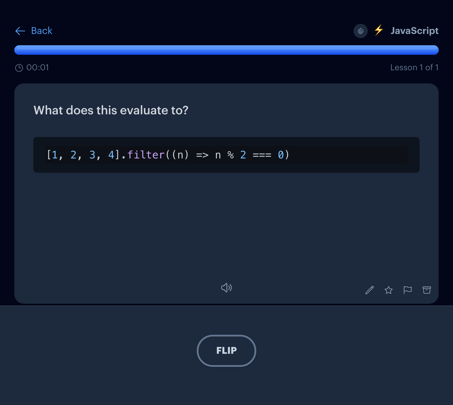 A flashcard in Interact with a syntax highlighted JavaScript snippet