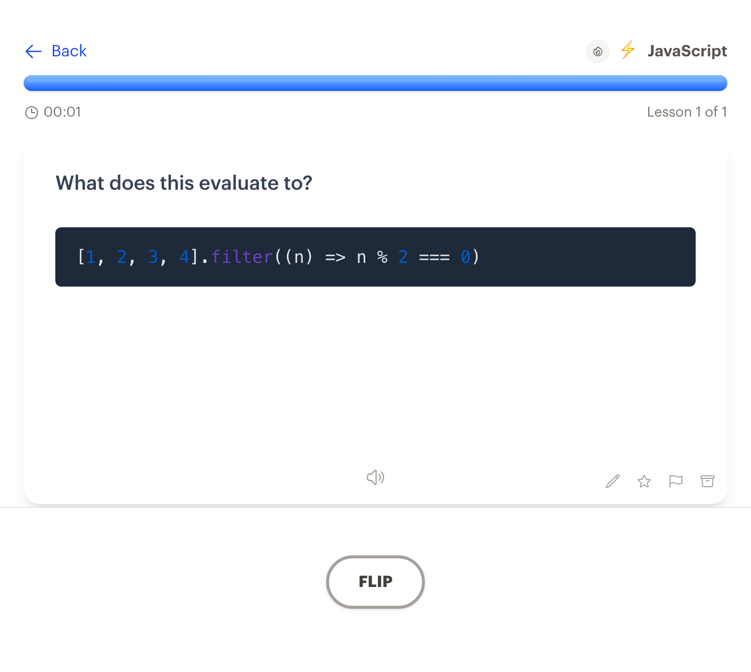 A flashcard in Interact with a syntax highlighted JavaScript snippet