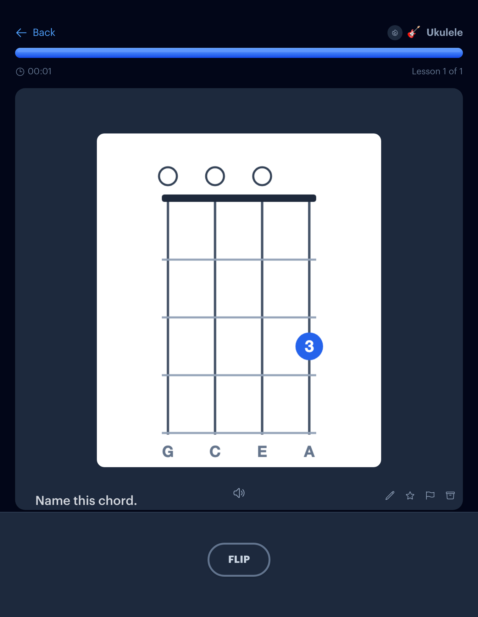 A flashcard in Interact showing a ukulele chord diagram to name