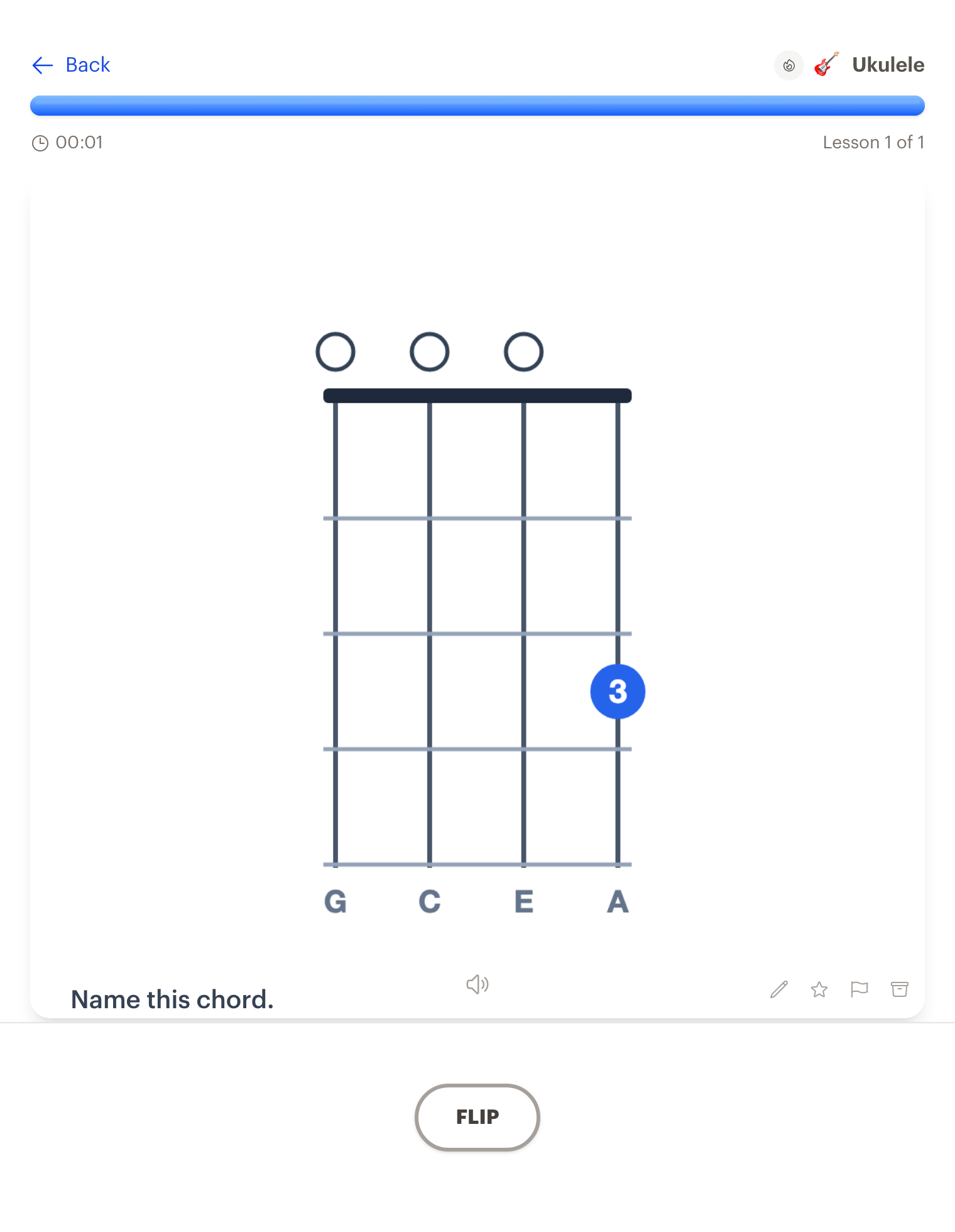 A flashcard in Interact showing a ukulele chord diagram to name