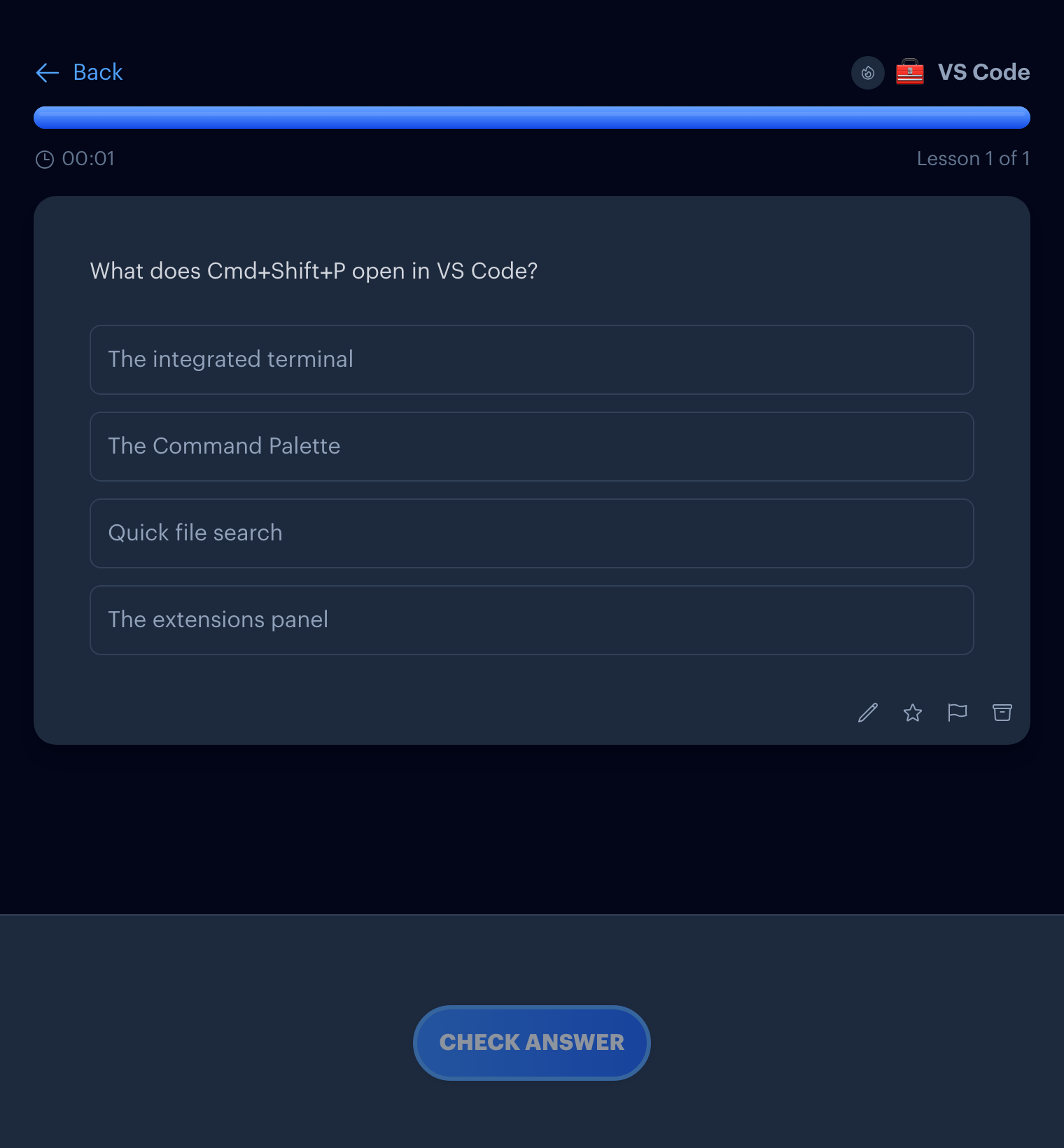 A quiz in Interact about what Cmd+Shift+P opens in VS Code