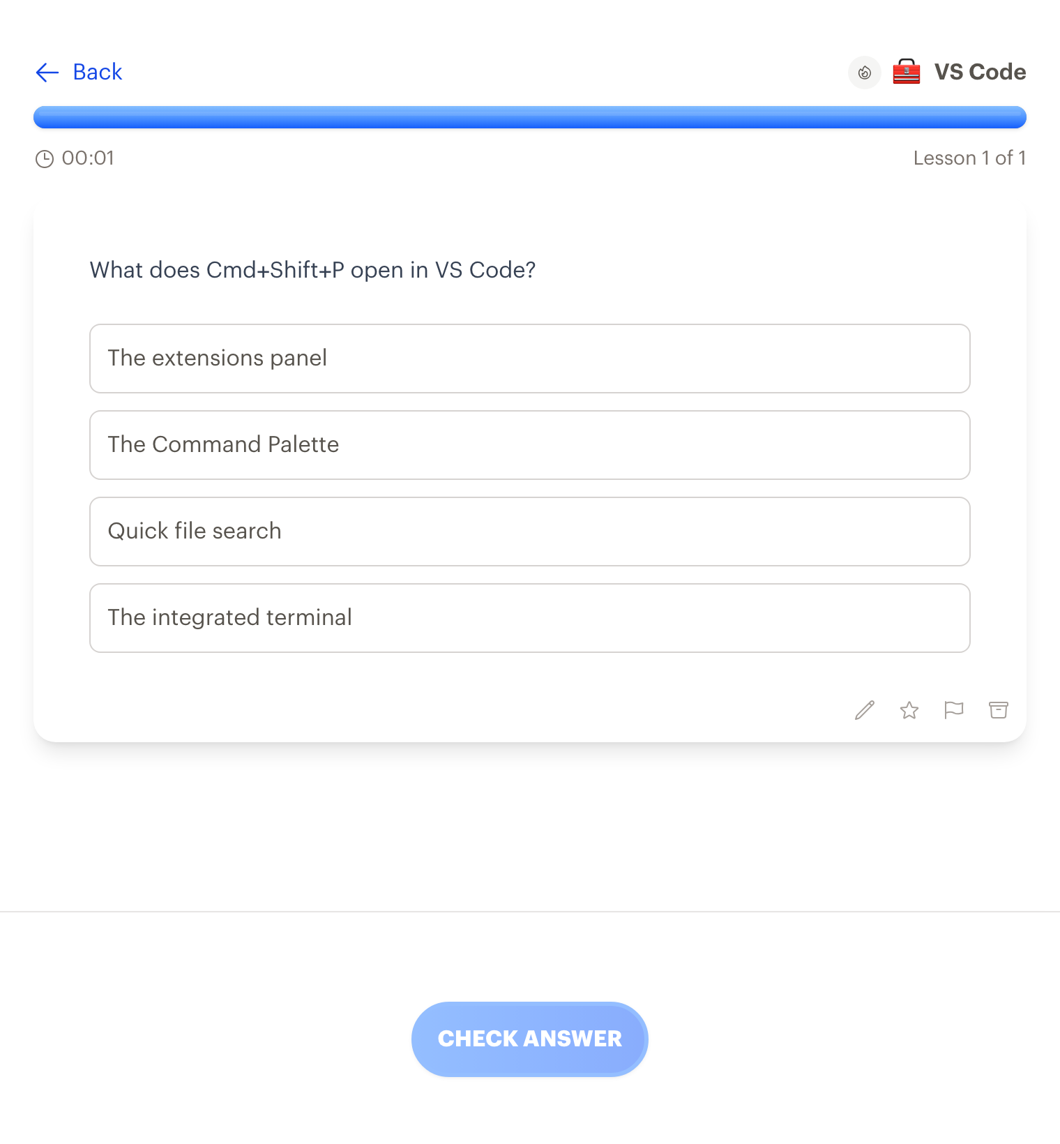 A quiz in Interact about what Cmd+Shift+P opens in VS Code