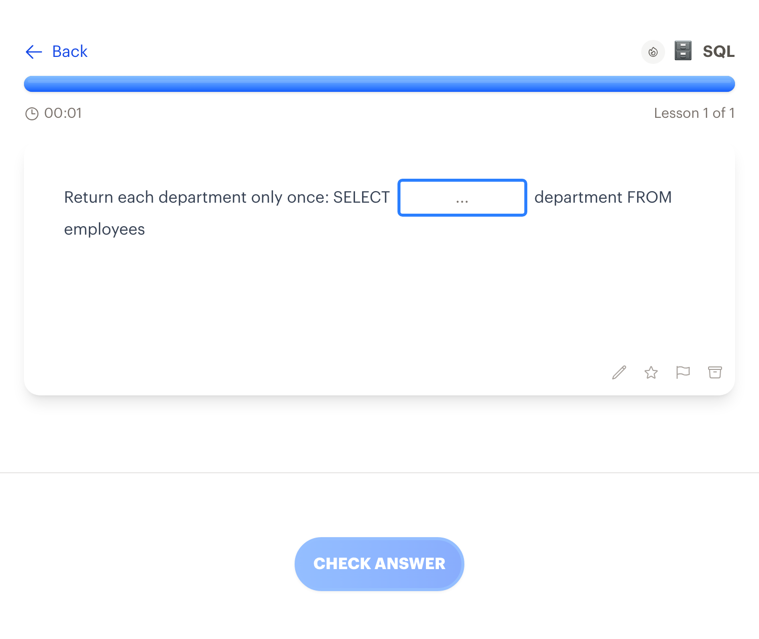 A type-the-answer lesson in Interact practicing the SQL DISTINCT keyword