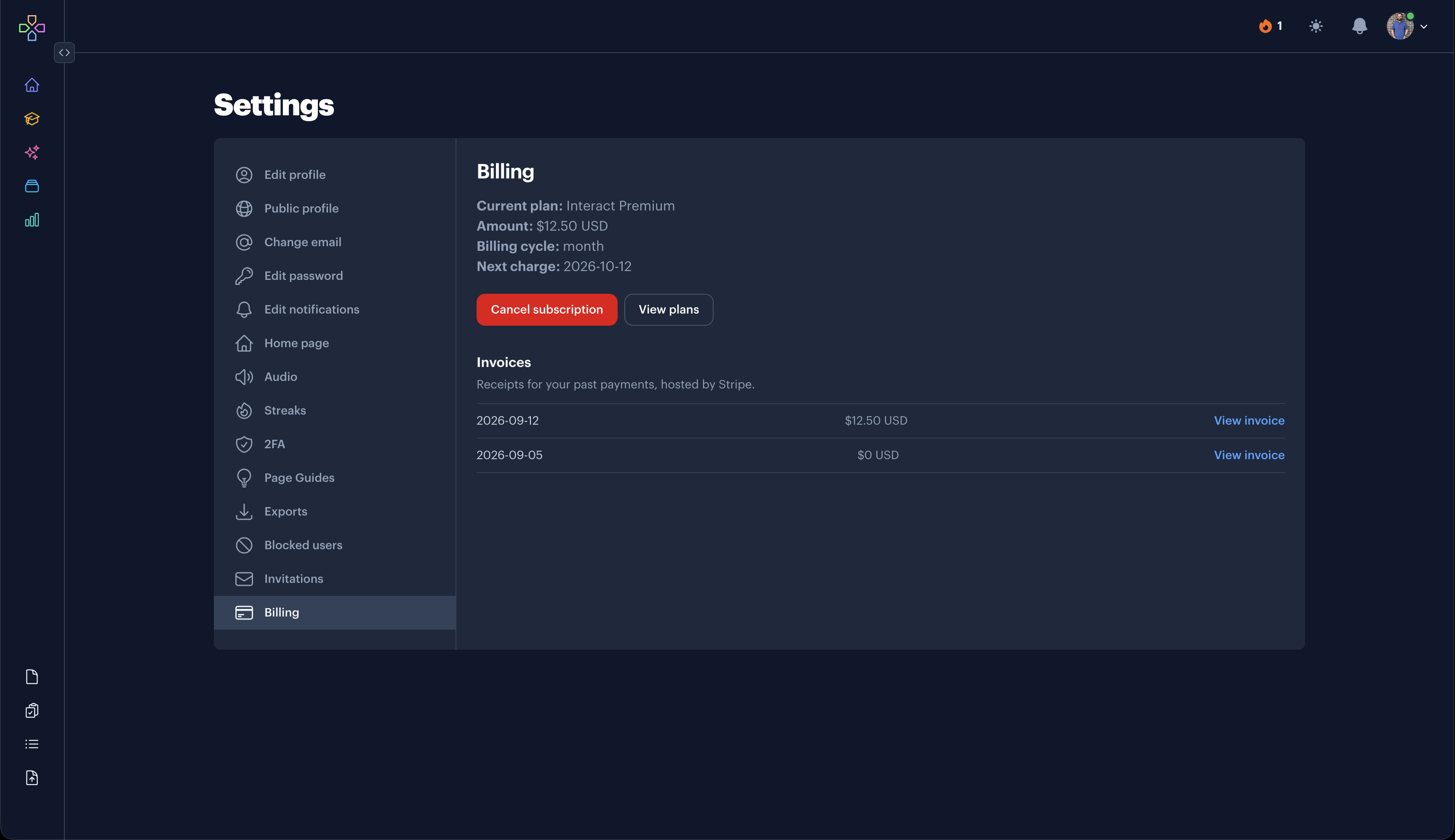 The Invoices list on the Interact Billing page, with a View invoice link next to each payment