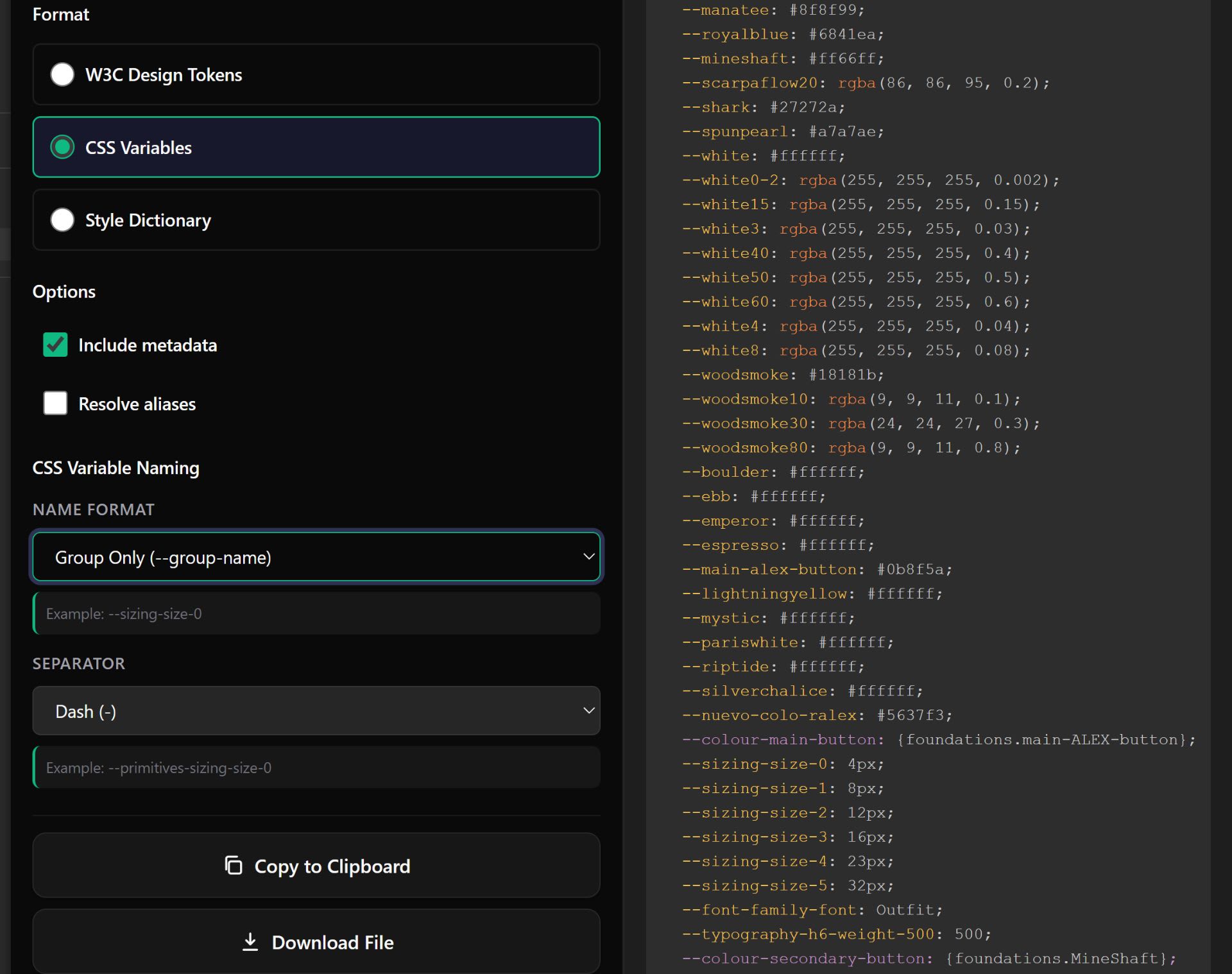 &nbsp;Export options showing CSS Variables format with naming conventions