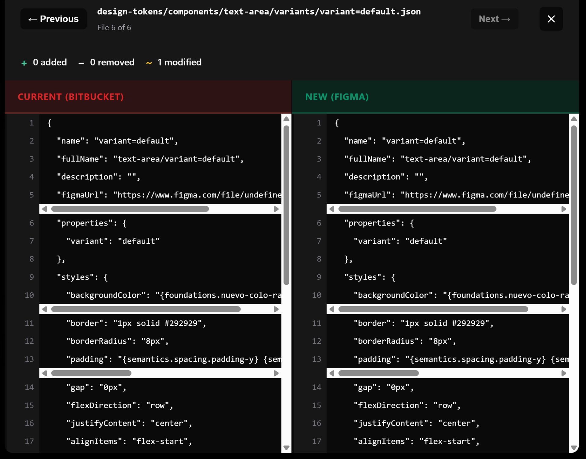 &nbsp;Side-by-side comparison showing current Bitbucket values vs new Figma values