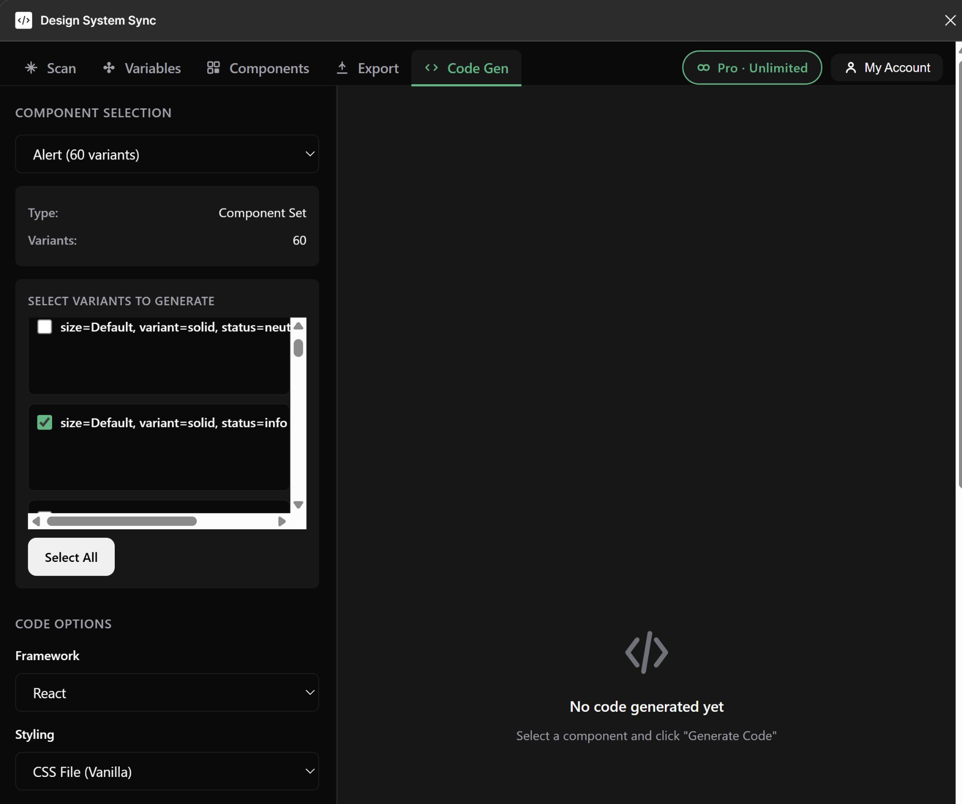 Code generation panel showing React component options