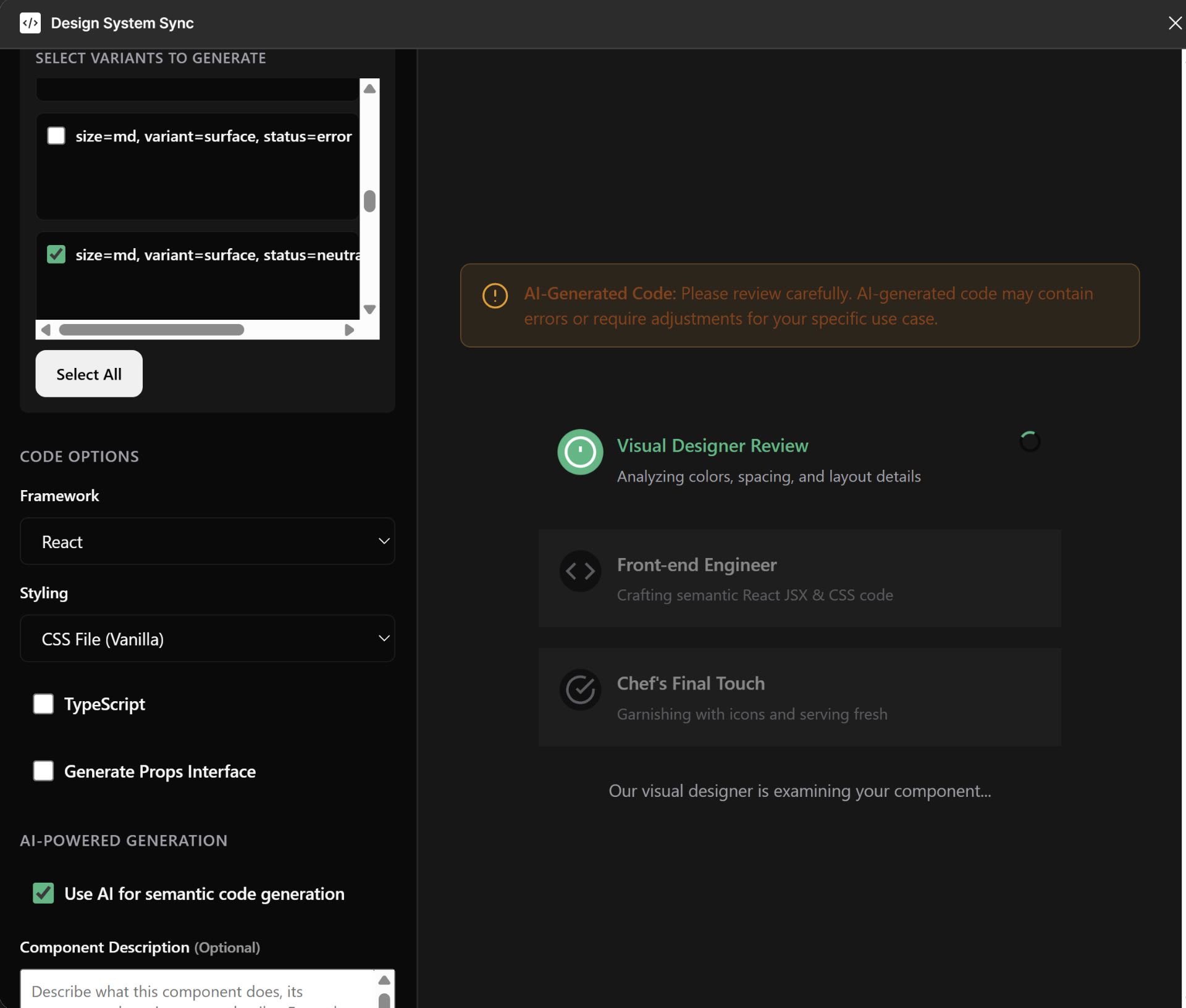 AI generation process showing Visual Designer Review, Front-end Engineer, and Chef's Final Touch steps