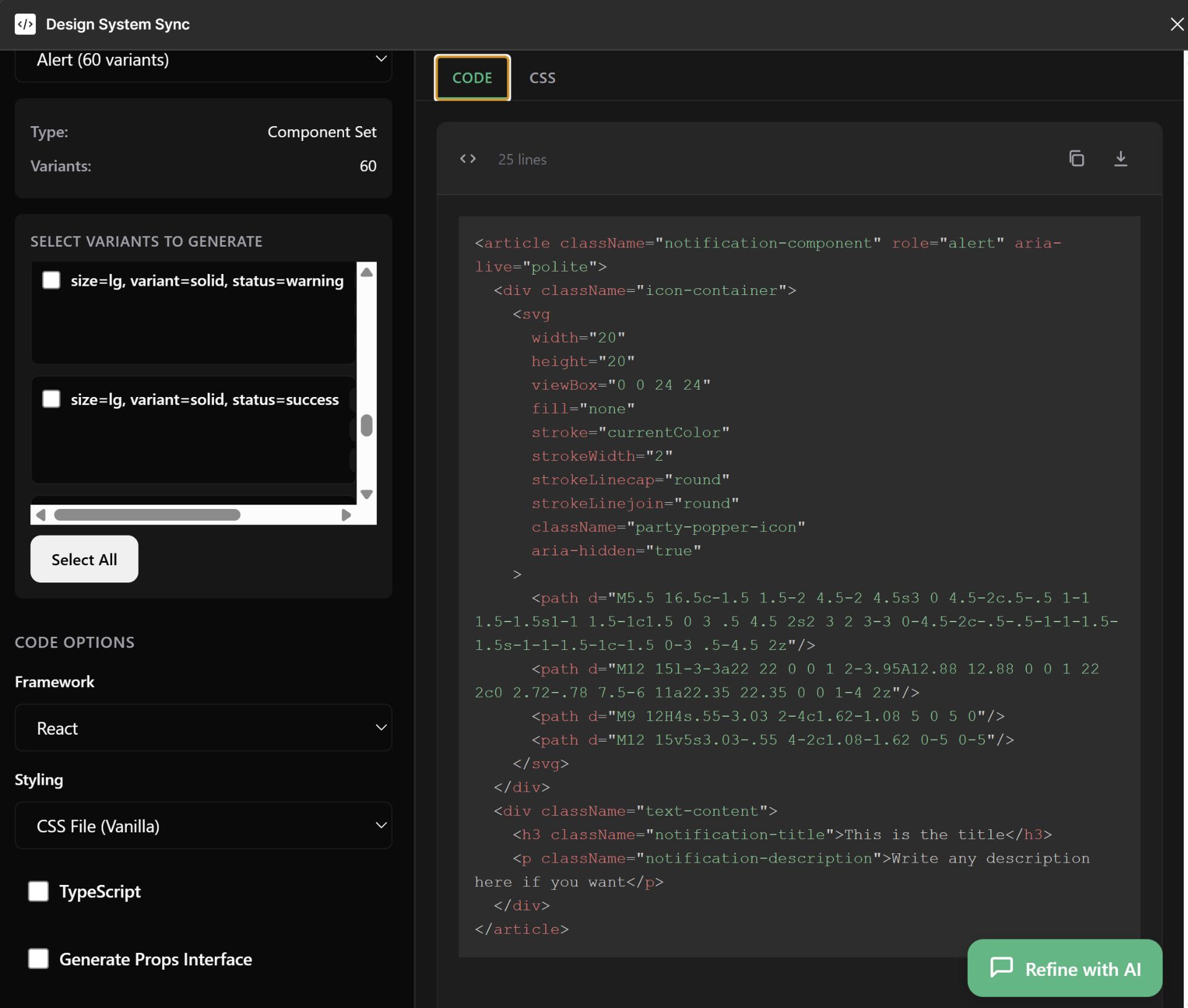Generated React code with proper semantic HTML and design tokens