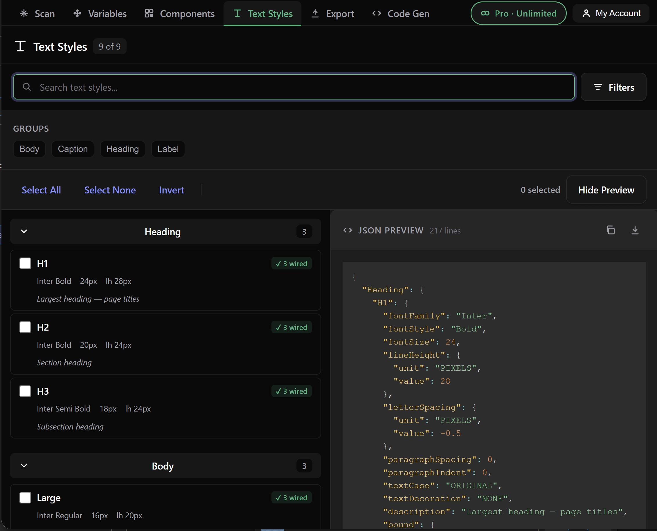 New Text Styles tab — grouped by category, with token references preserved.