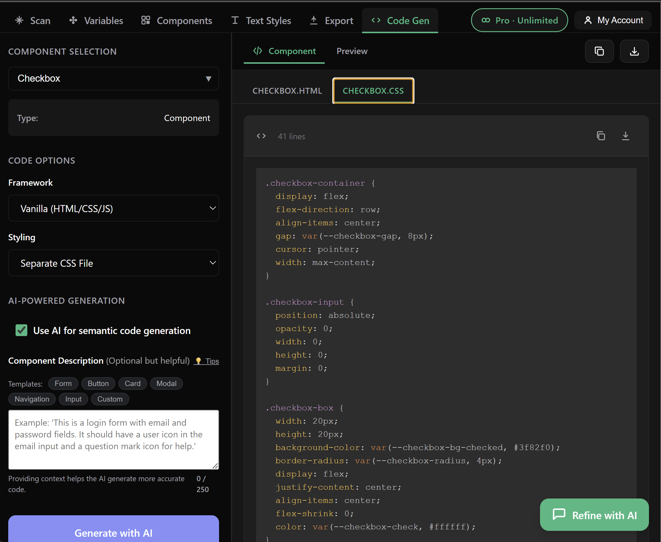 Code Gen output — every value is a CSS custom property pointing back to your tokens.