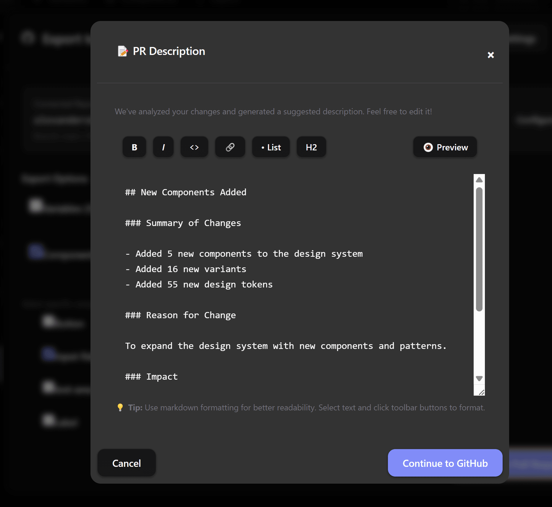 Edit the PR description, hit Continue to GitHub, done.