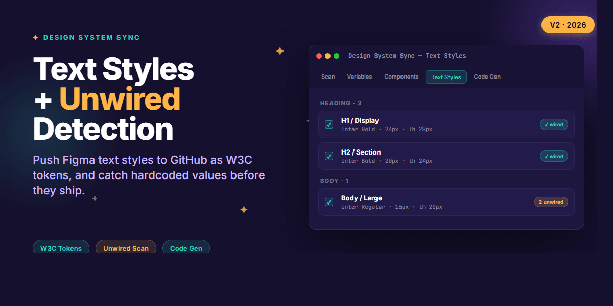 Design System Sync v2 -- Text Styles + Unwired Detection