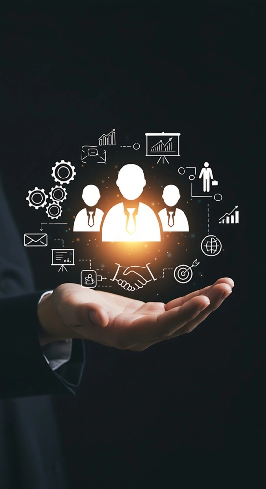 Business mission concept showing leadership, teamwork, strategy, and global goals as glowing white icons floating above an open hand