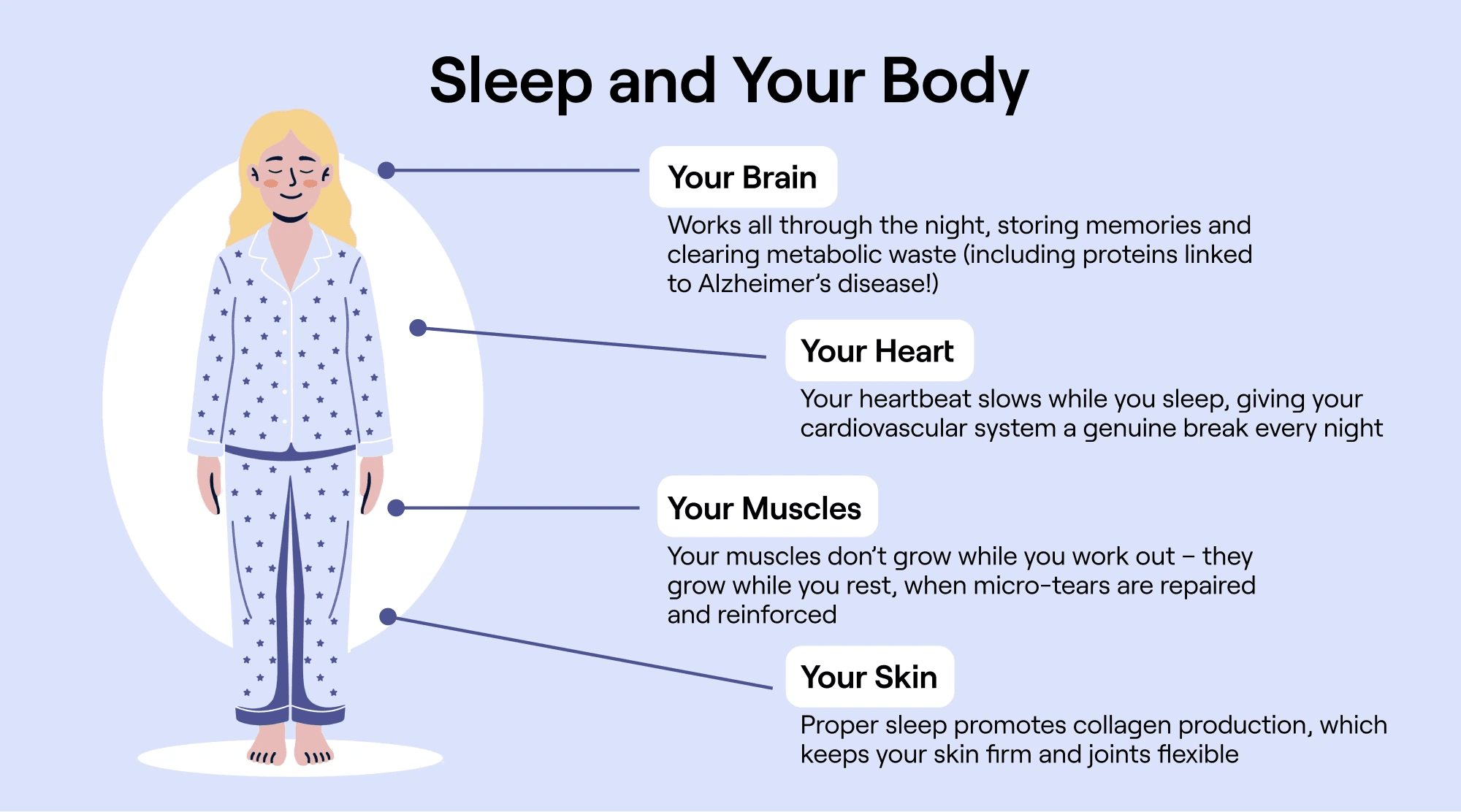 Sleep infographic of a woman sleeping with callouts for each major system and a sleep-related fact for each