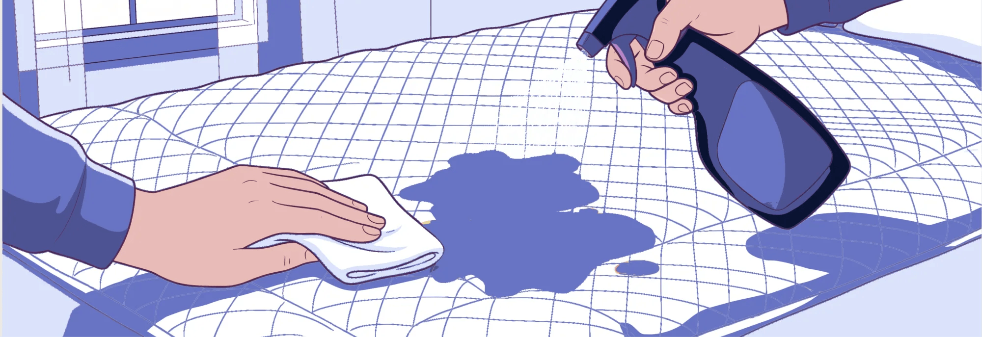 Close-up of a spray bottle being applied to a mattress