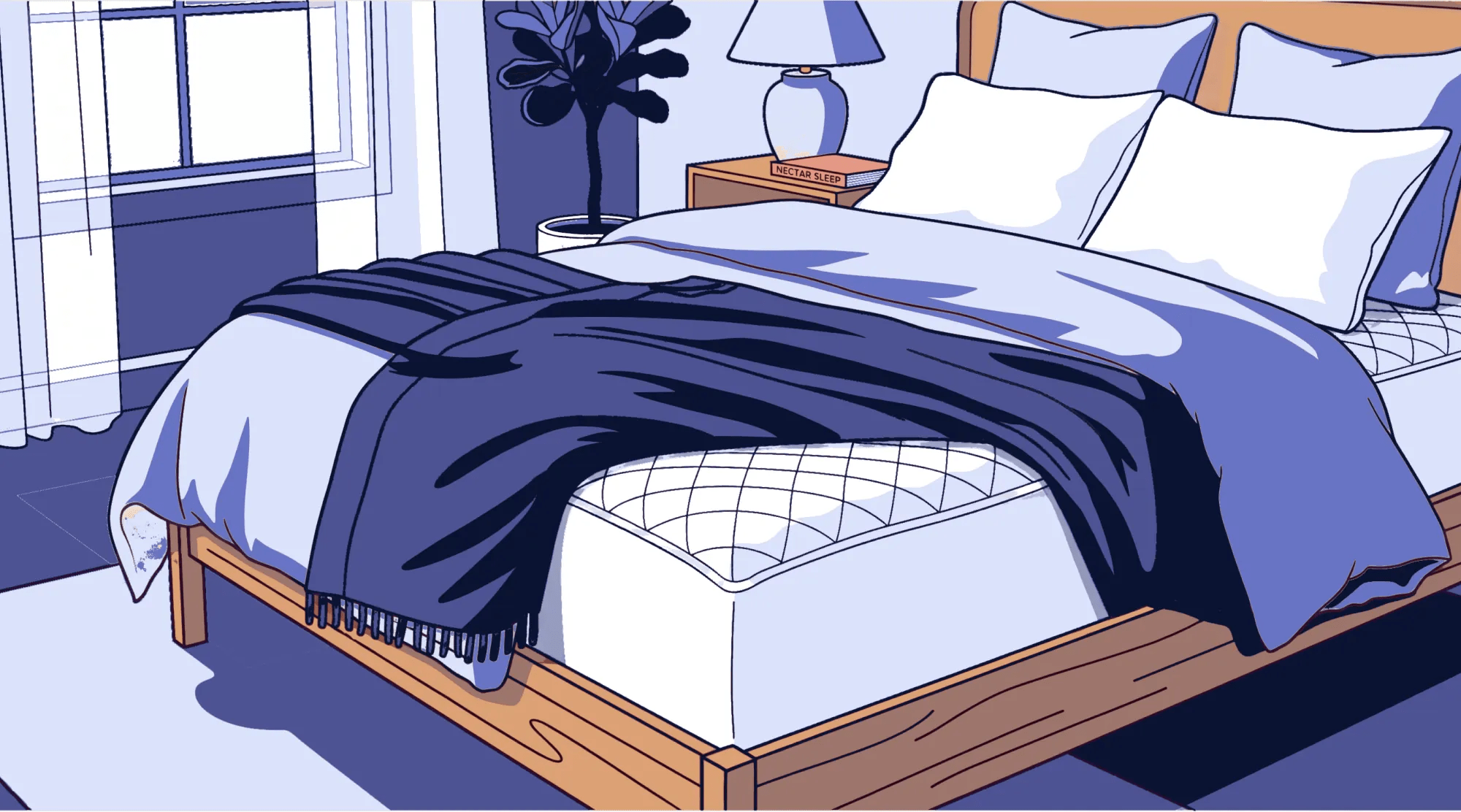 Waterproof mattress protector on a styled bed, sheets folded back slightly to show the protector underneath.