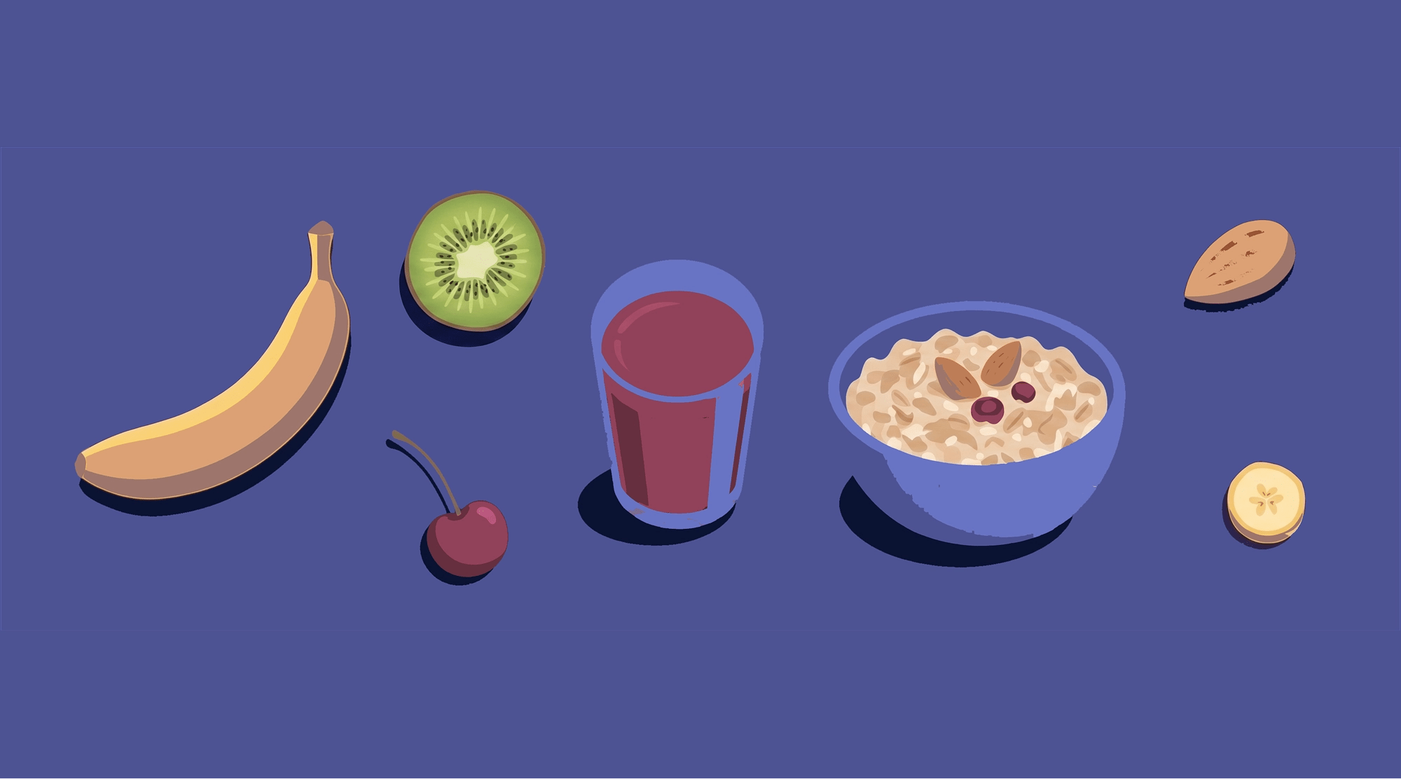 Banana, kiwi, almonds, glass of cherry juice, small bowl of oatmeal arranged together on a dark surface.