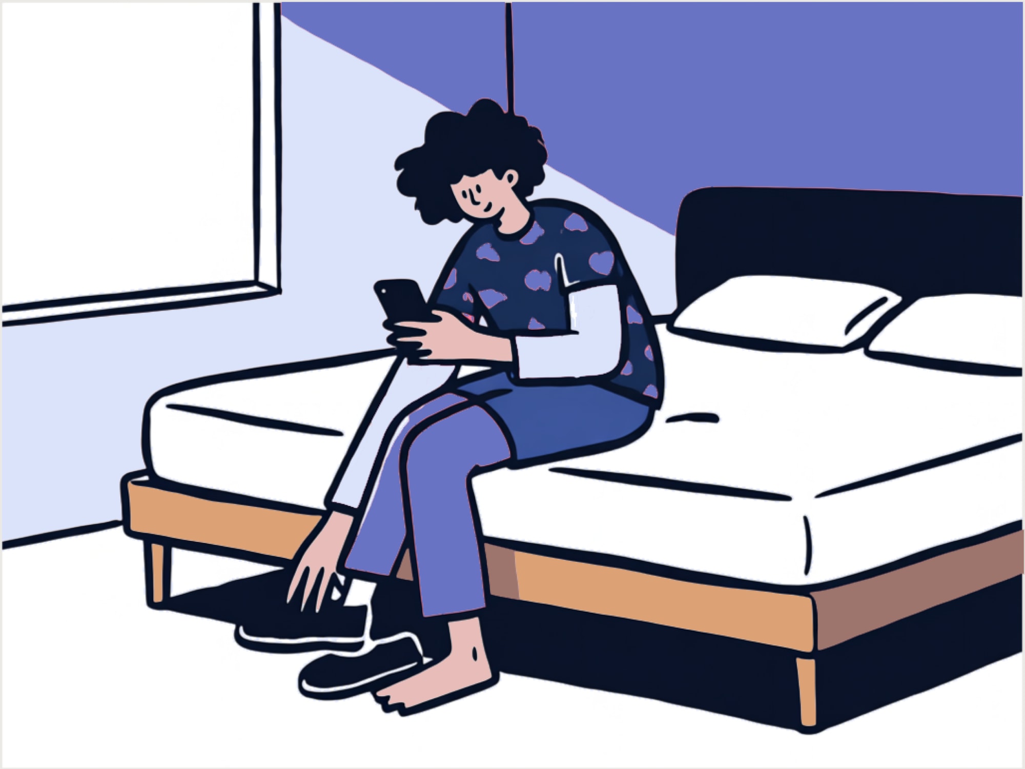 person sitting on the edge of his bed putting on his shoes