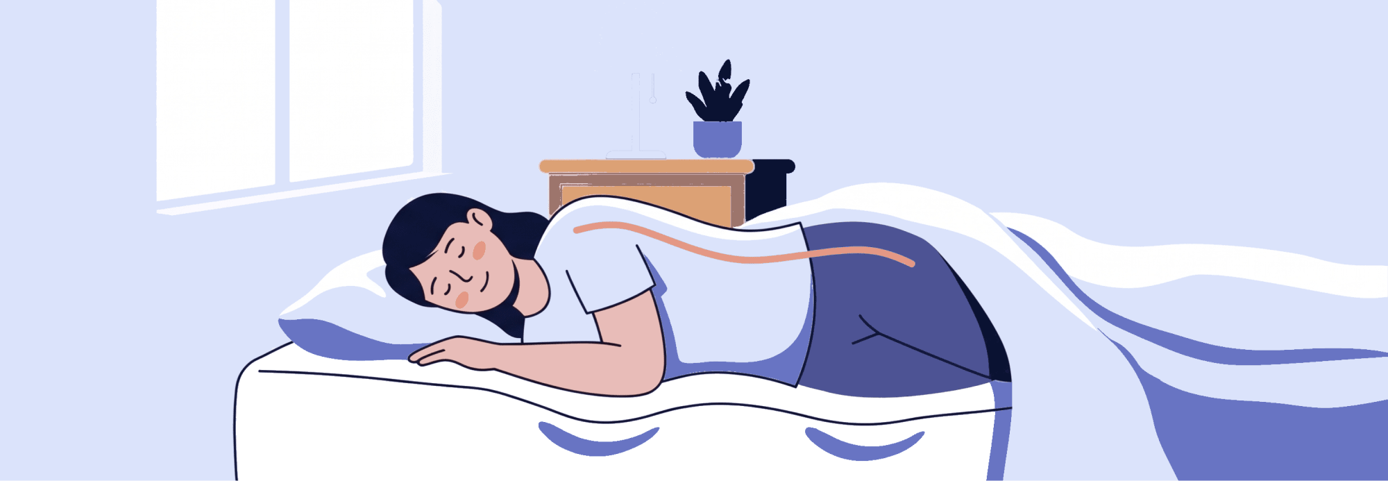 Woman sleeping on her side looking happy, with her spine aligned 