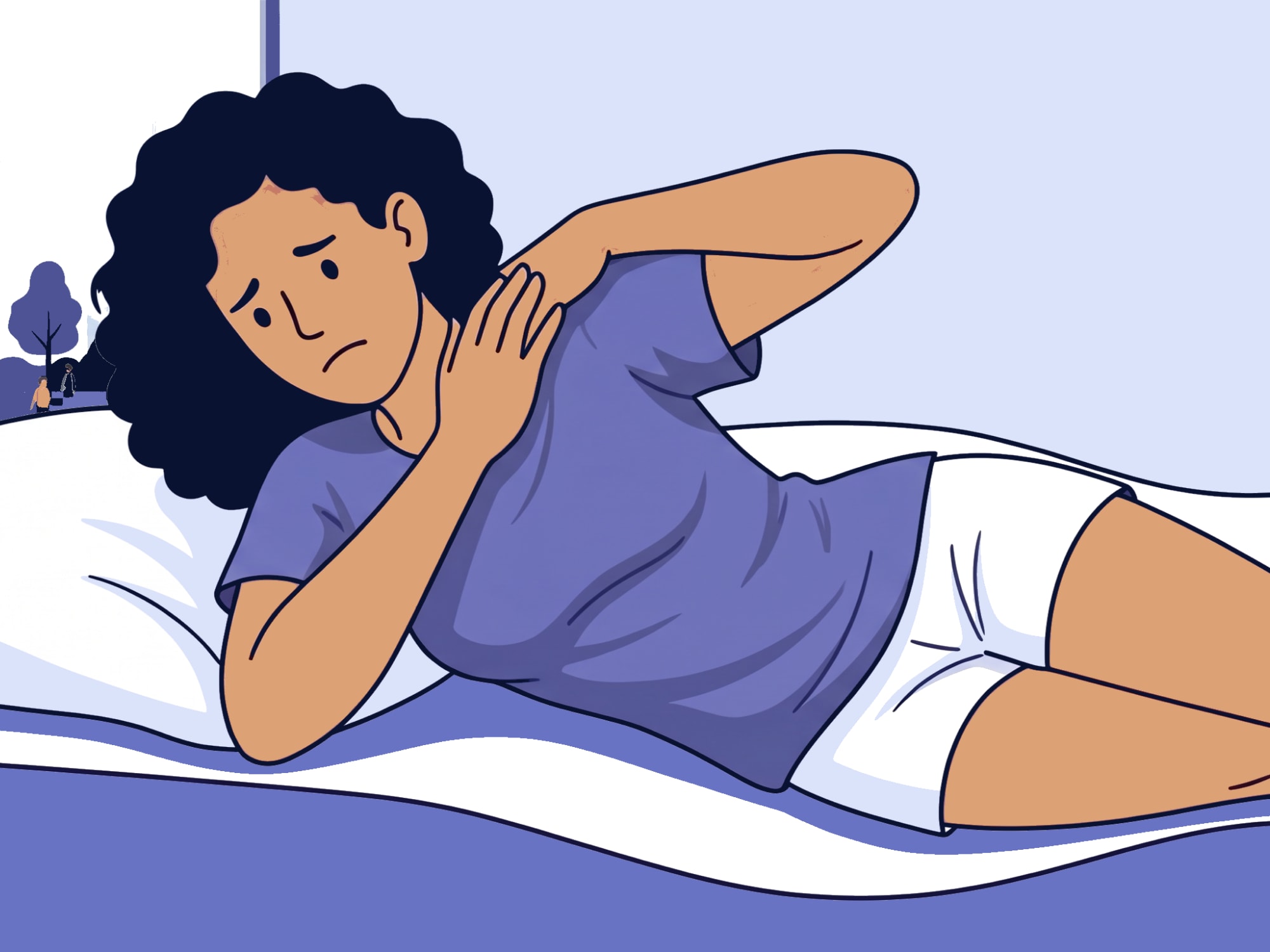 Woman waking up with shoulder pain on an uncomfortable mattress