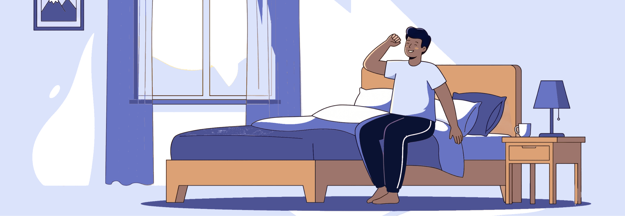 Person waking up in a sun-lit bedroom, looking genuinely rested. Natural light, uncluttered room 