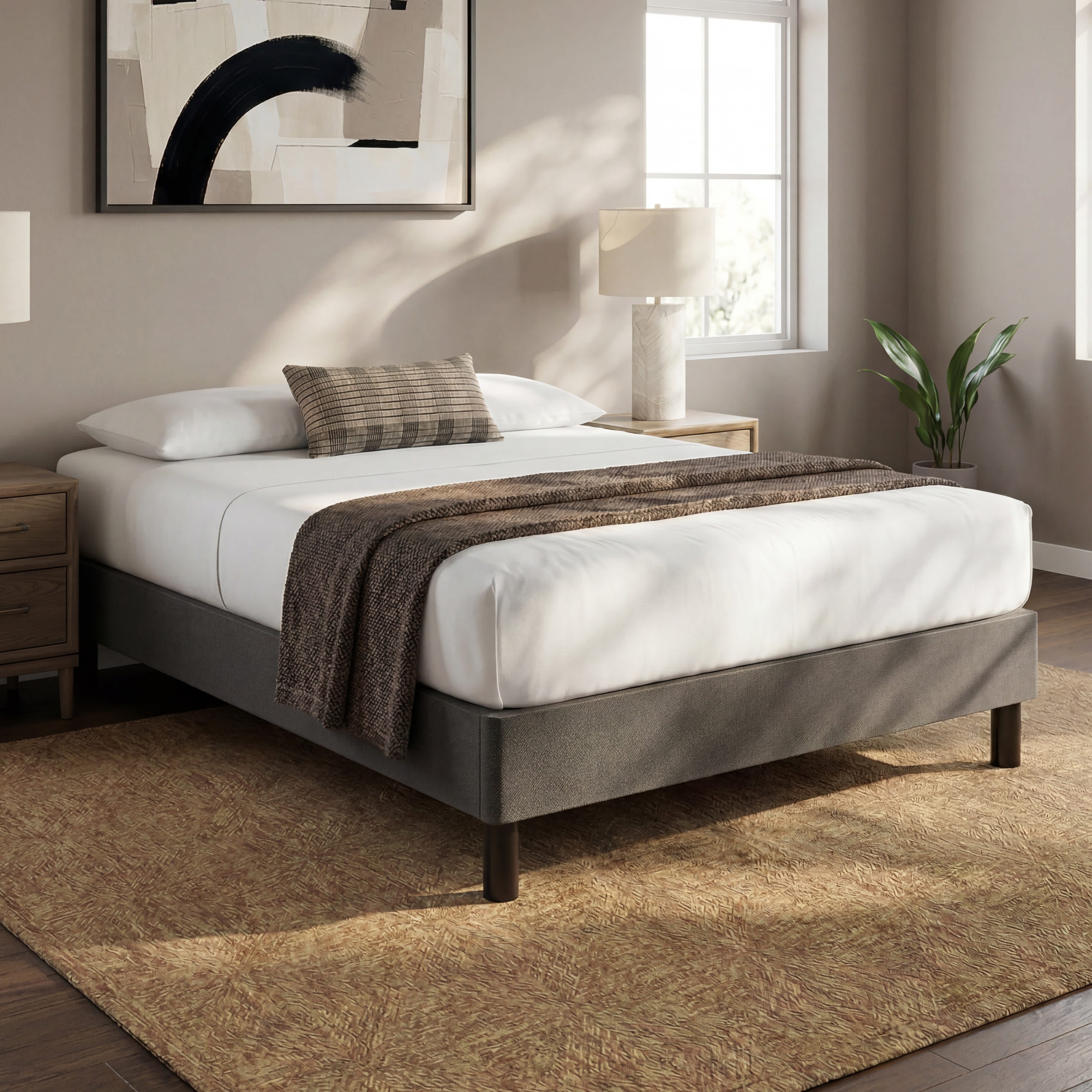 grey upholstered foundation bed frame